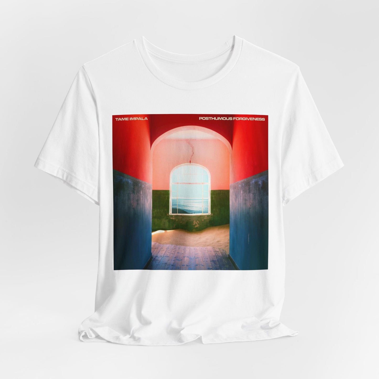 A black graphic t-shirt featuring a graphic related to Tame Impala's song 'Posthumous Forgiveness'.
