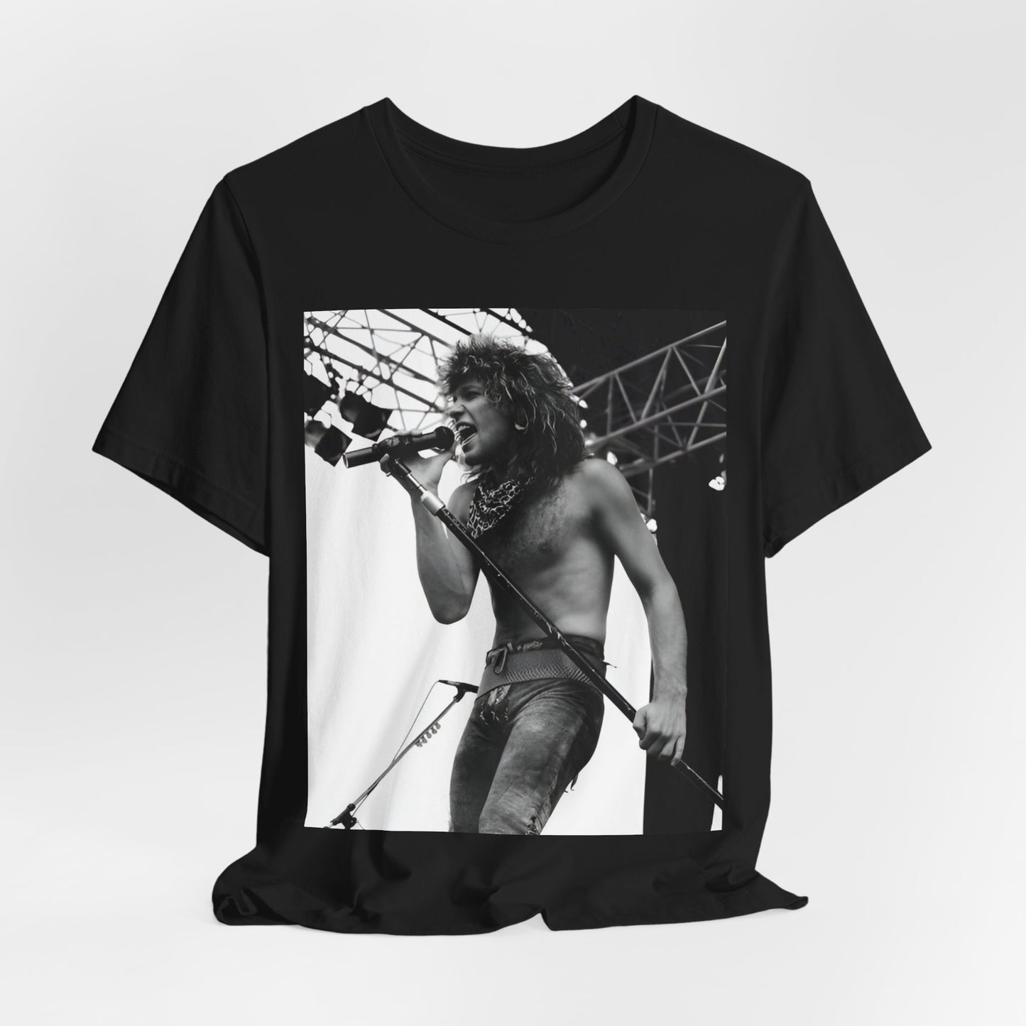 A black graphic t-shirt featuring a retro tour graphic for Bon Jovi's '88 tour.