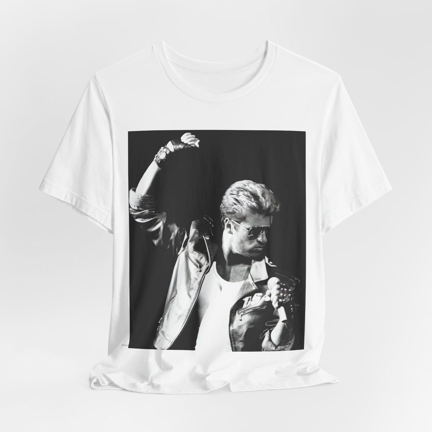 A black graphic t-shirt featuring a black and white photo of George Michael from his 'Faith' album era.
