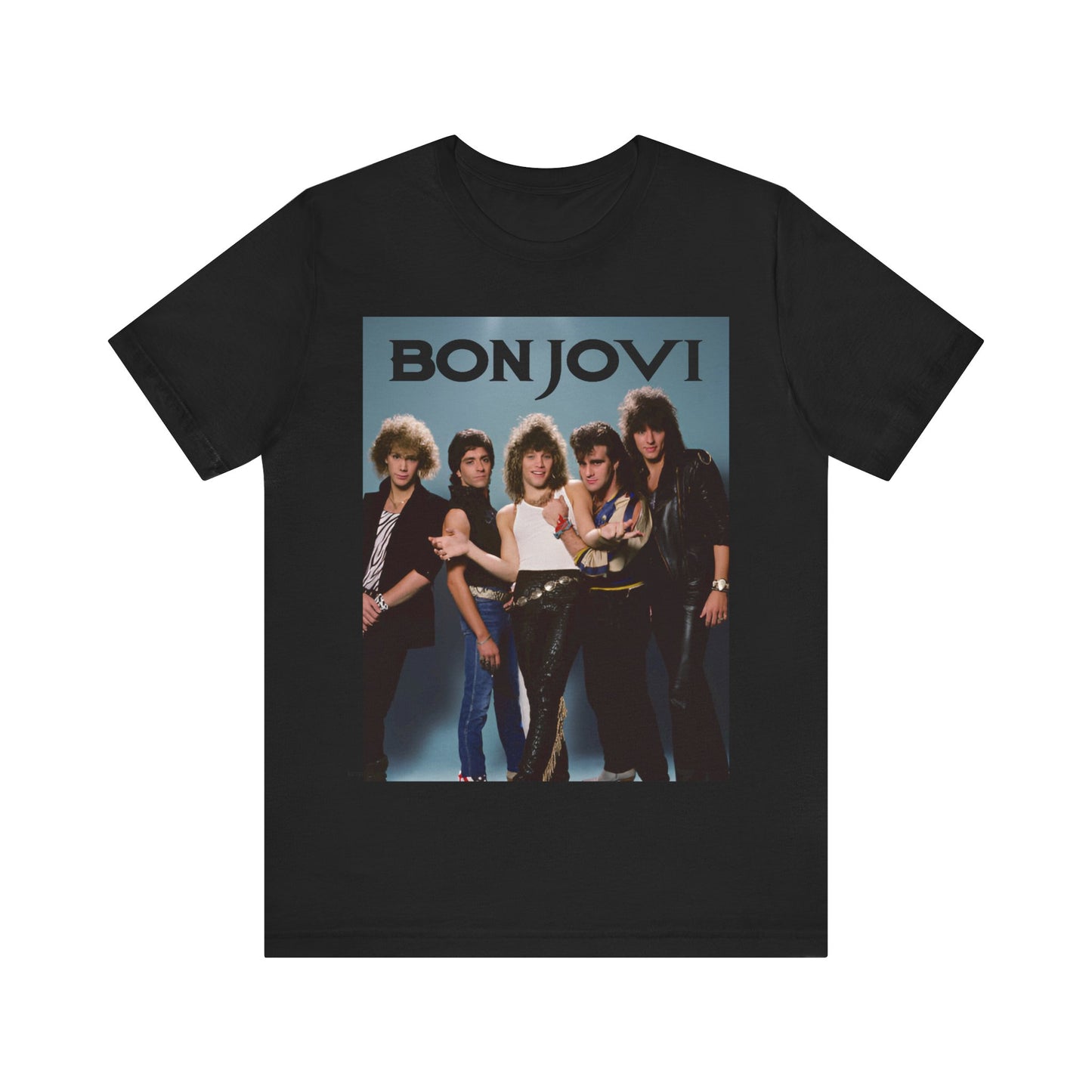 A black graphic t-shirt featuring a retro graphic inspired by Bon Jovi's 'Slippery When Wet' album art.