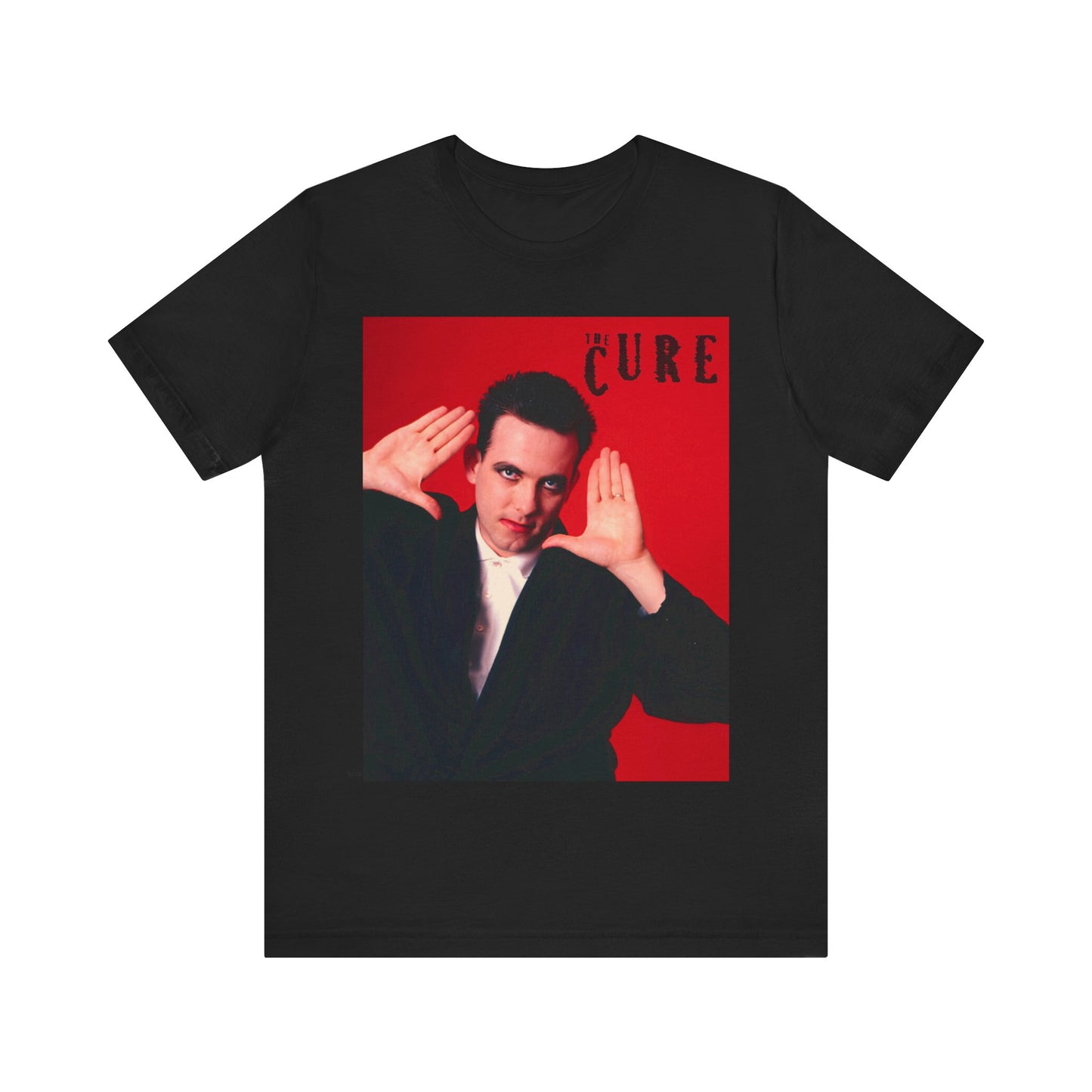 A black graphic t-shirt featuring a graphic of Robert Smith from The Cure in his authentic style.