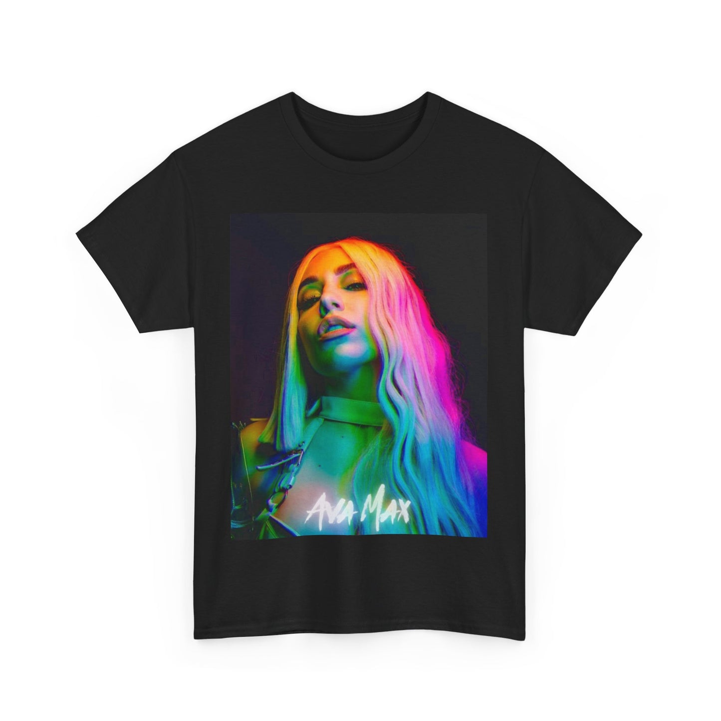 A black graphic t-shirt featuring a graphic of Ava Max with a rainbow or colorful glow effect around her.