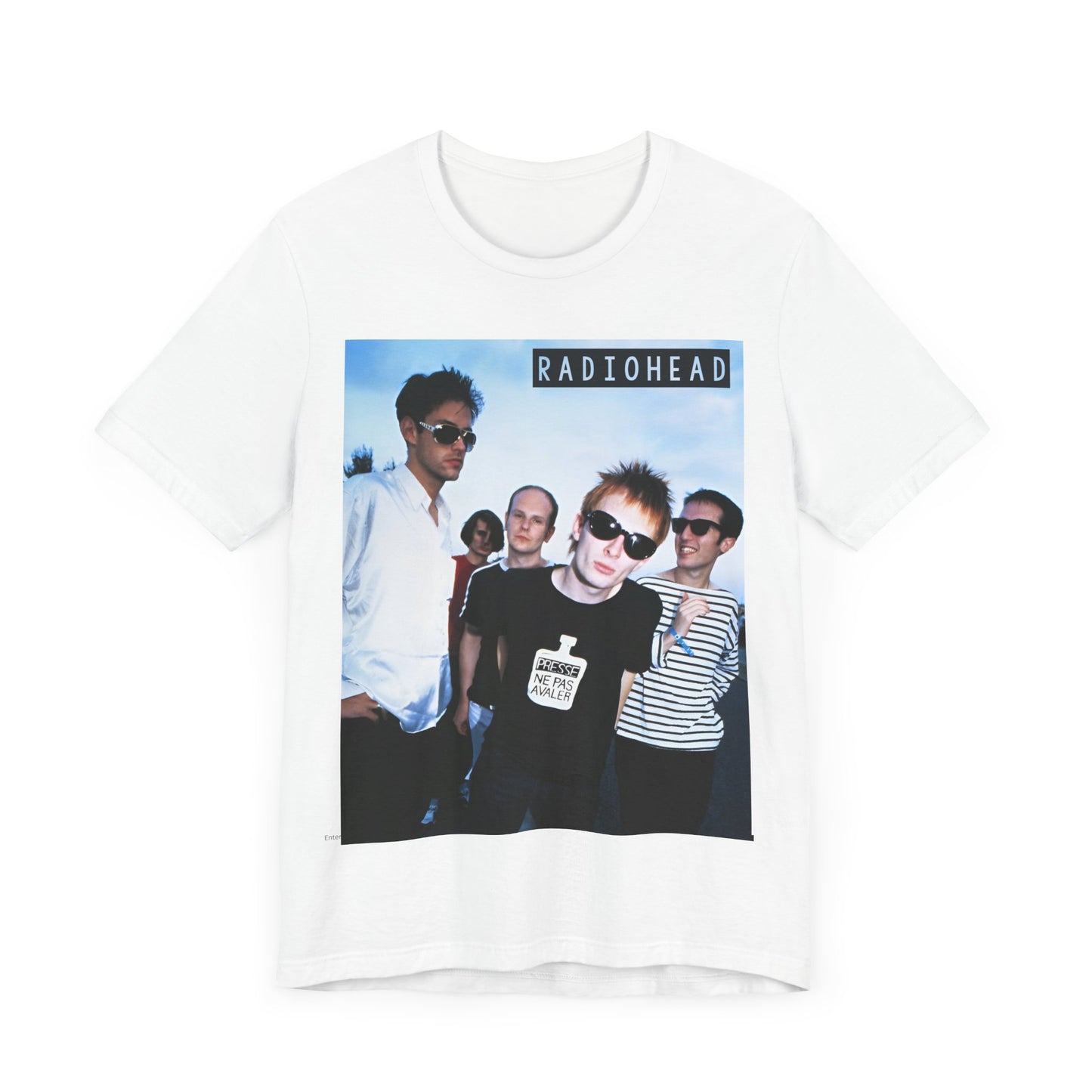 A black graphic t-shirt featuring a vintage alt rock graphic of Radiohead.