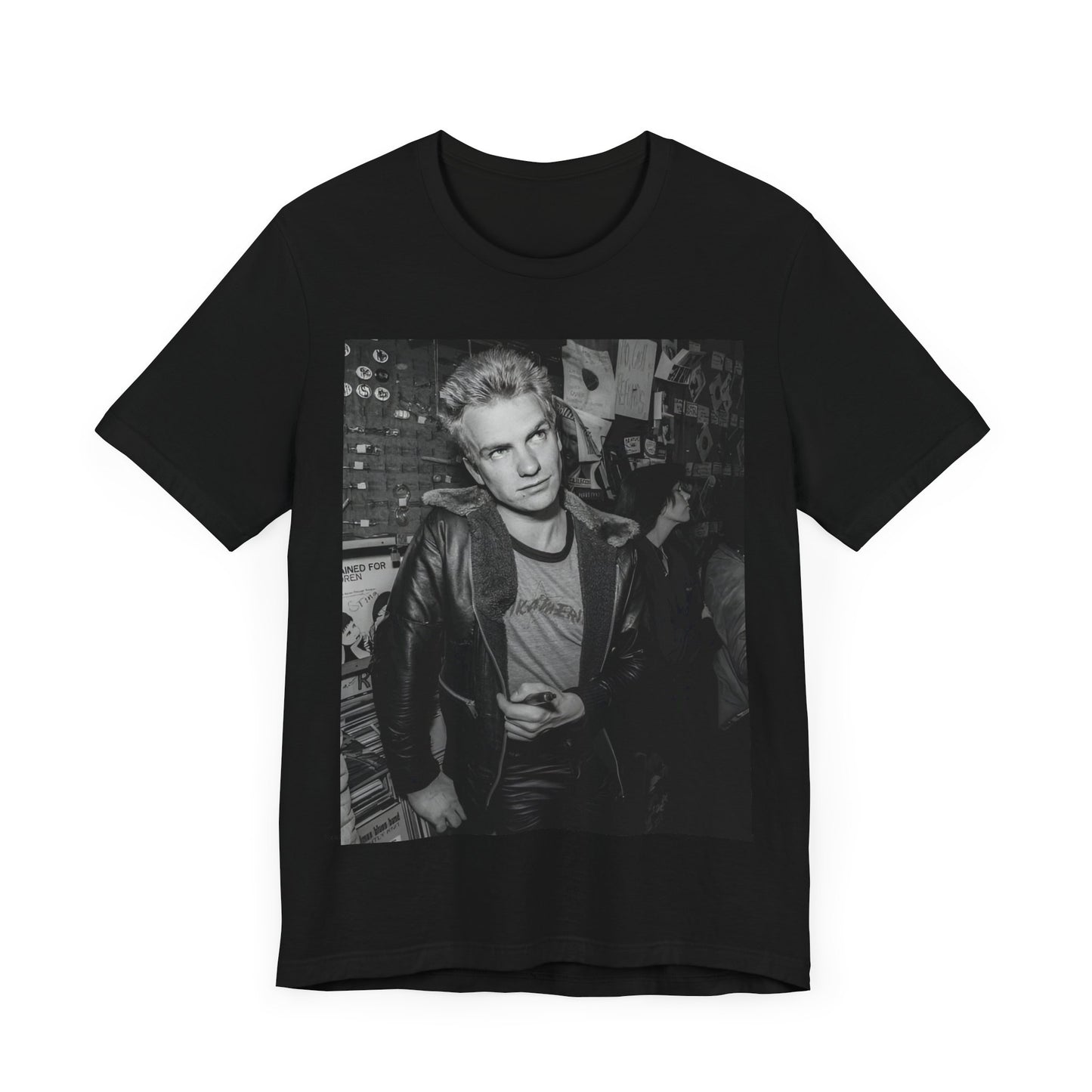A black graphic t-shirt featuring a vintage black and white monochrome graphic or photo of Sting.