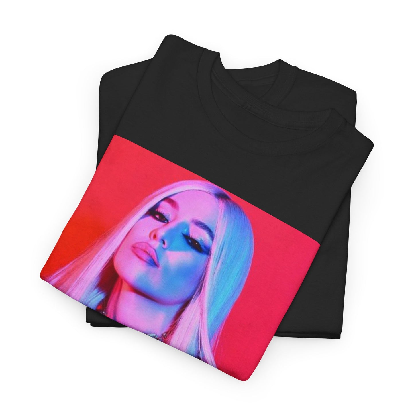 A black graphic t-shirt featuring a colorful pop art style graphic of Ava Max, with bright hues and bold lines.