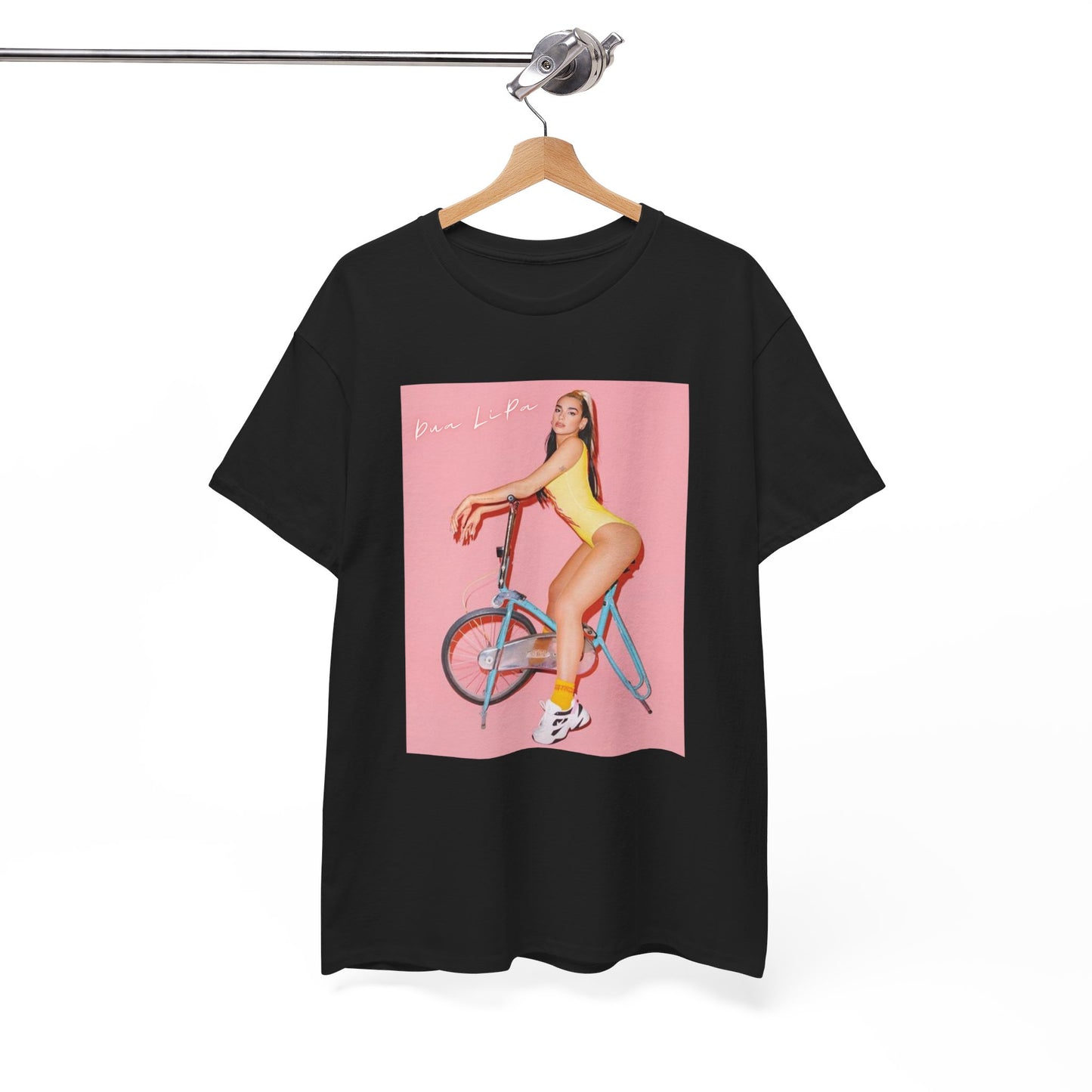 A black graphic t-shirt featuring a bold graphic inspired by Dua Lipa's "Physical" song, possibly with workout themes.