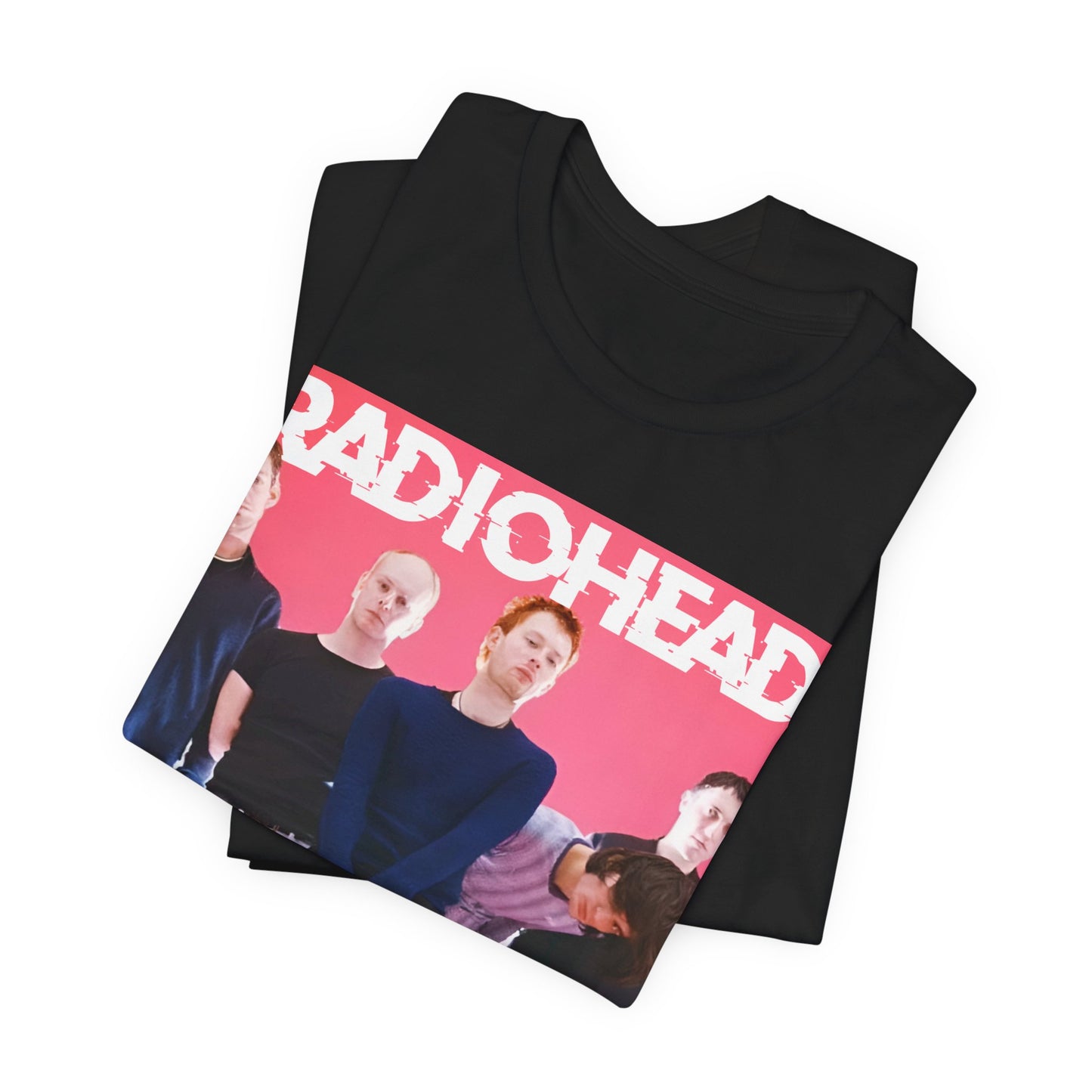 A black graphic t-shirt featuring a 90s alternative aesthetic graphic of Radiohead.