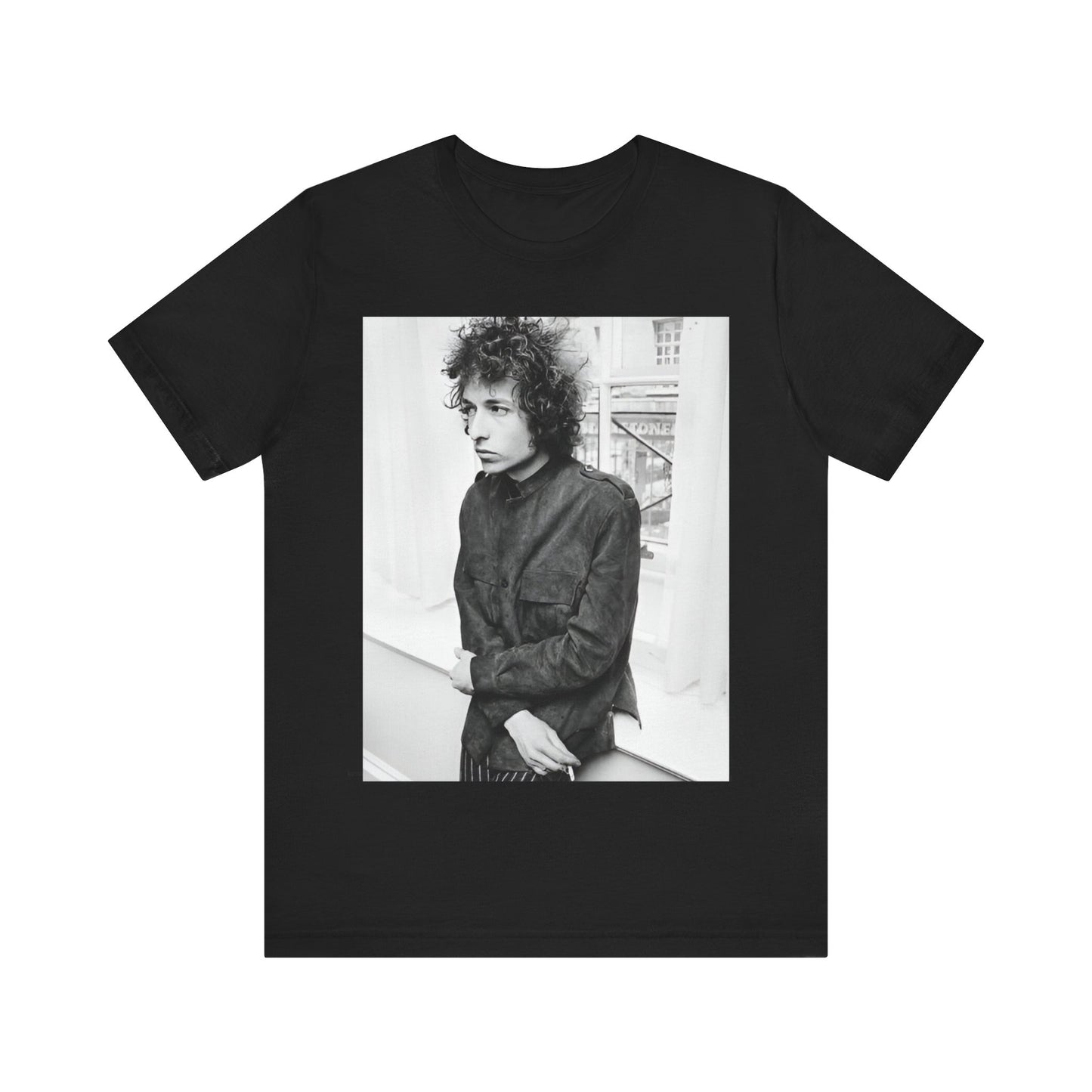 A black graphic t-shirt featuring a classic Americana-style graphic of Bob Dylan, possibly with folk elements.
