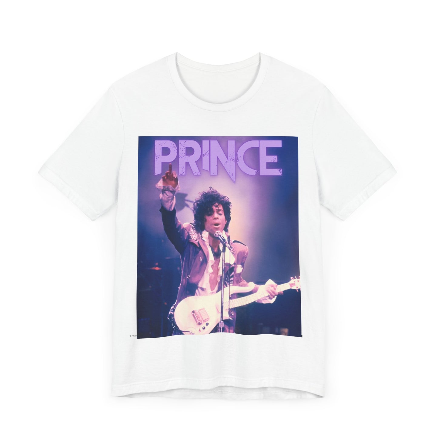 A black graphic t-shirt featuring a retro graphic related to Prince's 'Purple Rain' album era.