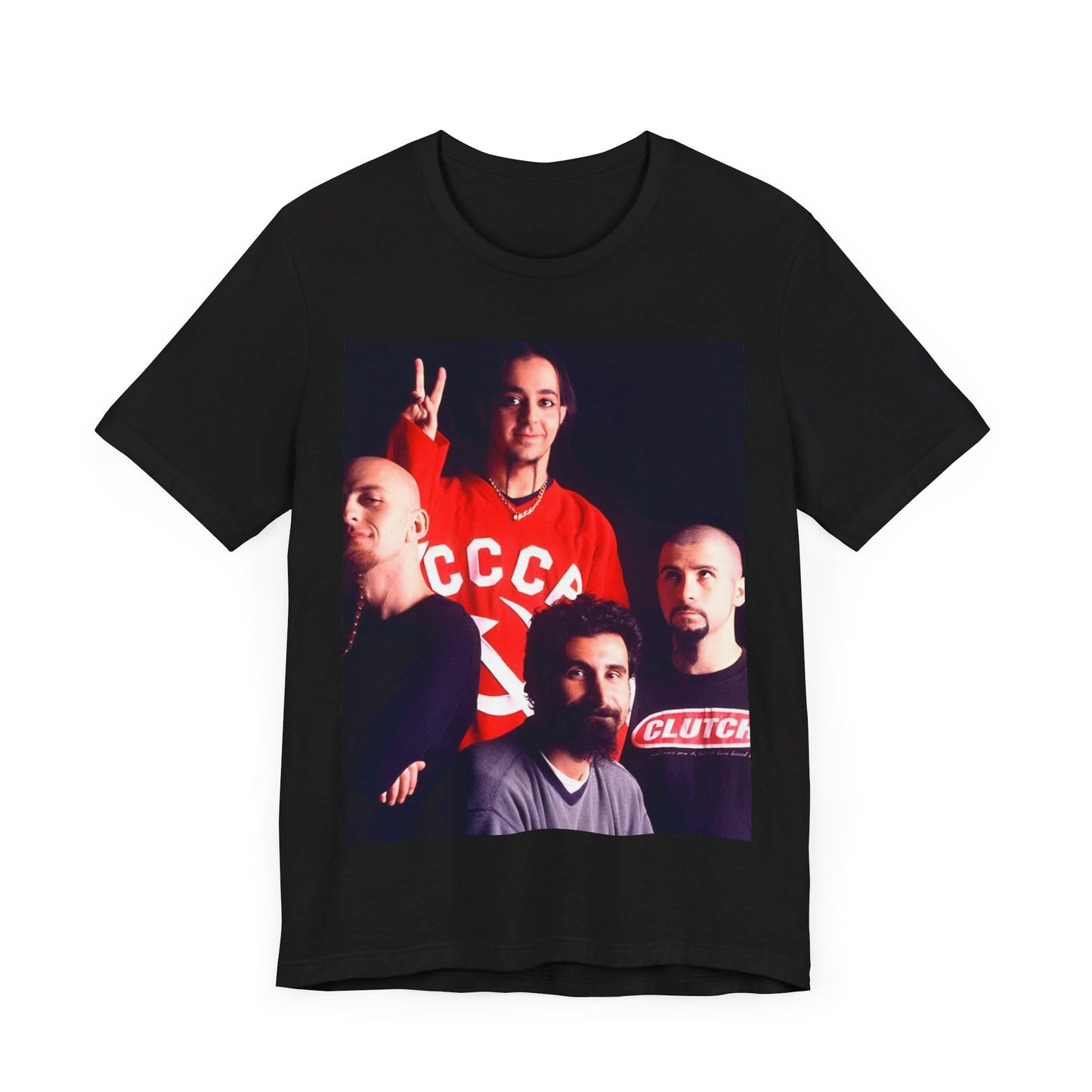 A black graphic t-shirt featuring a retro graphic related to System of a Down's 'Toxicity' album era.