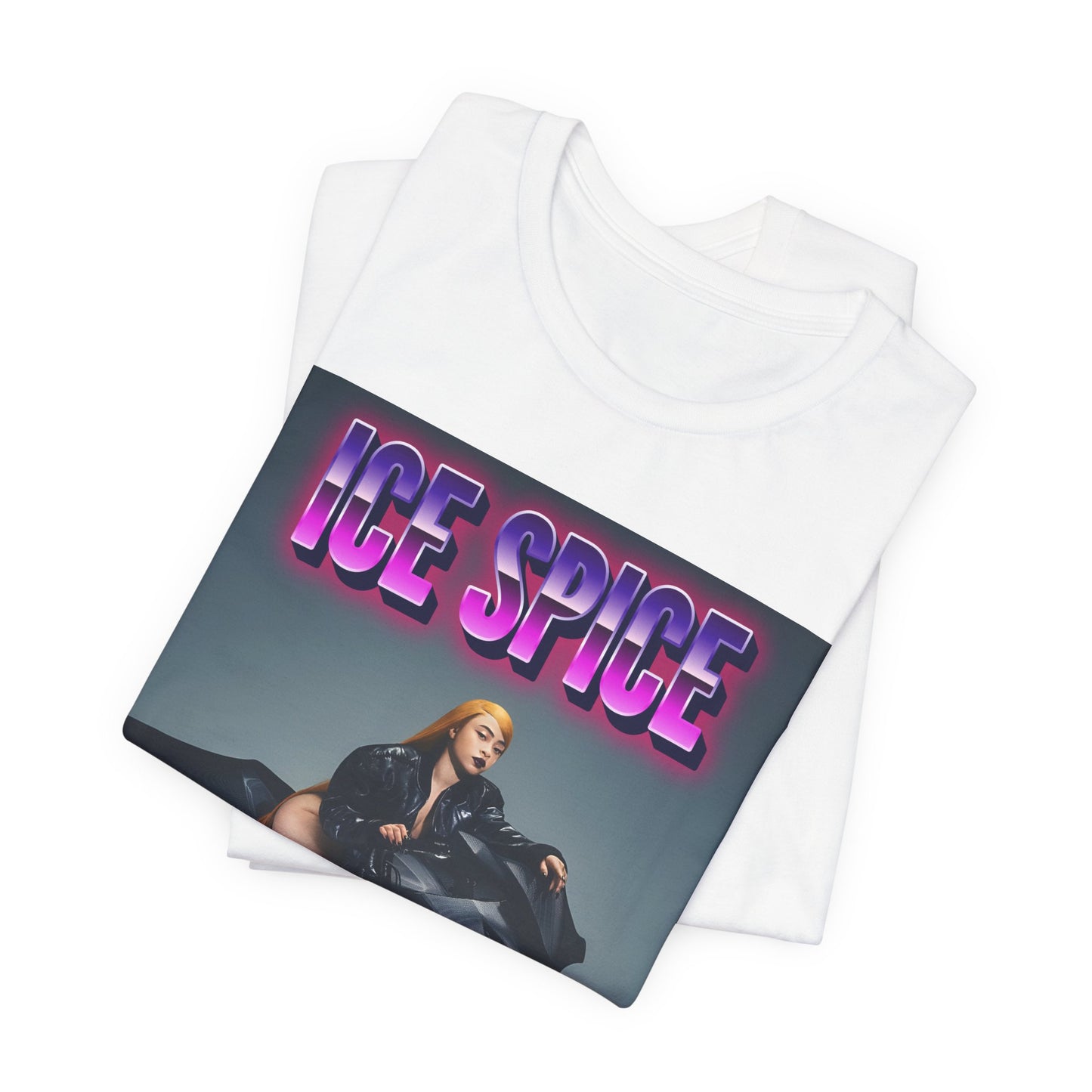 A black graphic t-shirt featuring a graphic of Ice Spice related to motorcycles or a rebellious, cool style.