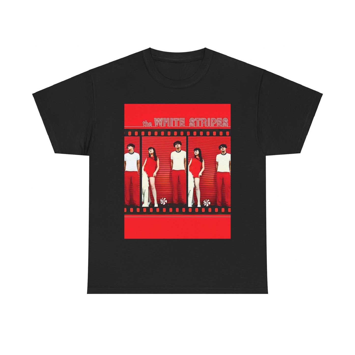 A black graphic t-shirt featuring an authentic blues rock duo graphic of The White Stripes.