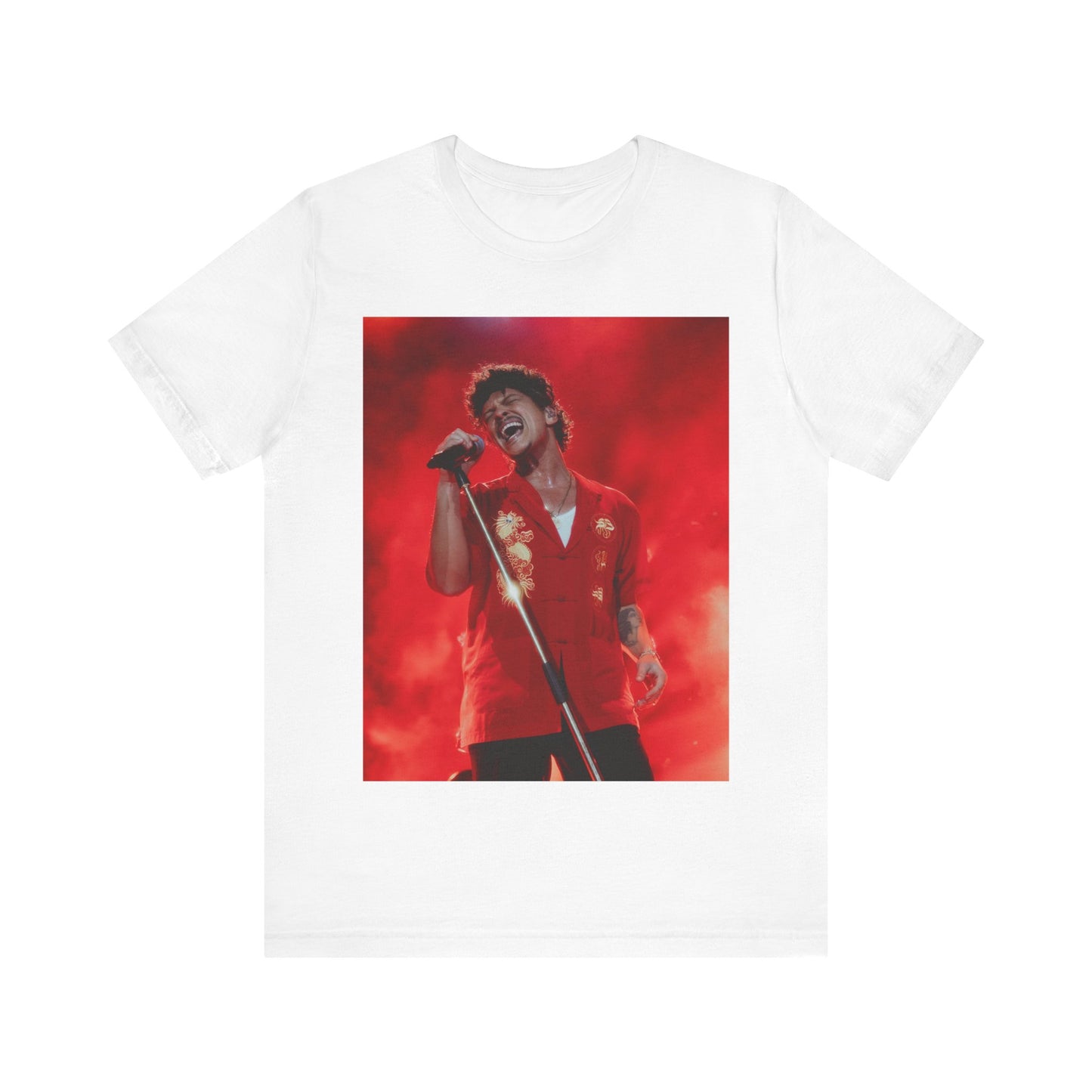 A black graphic t-shirt featuring a graphic related to Bruno Mars' 'Grenade' song or era.