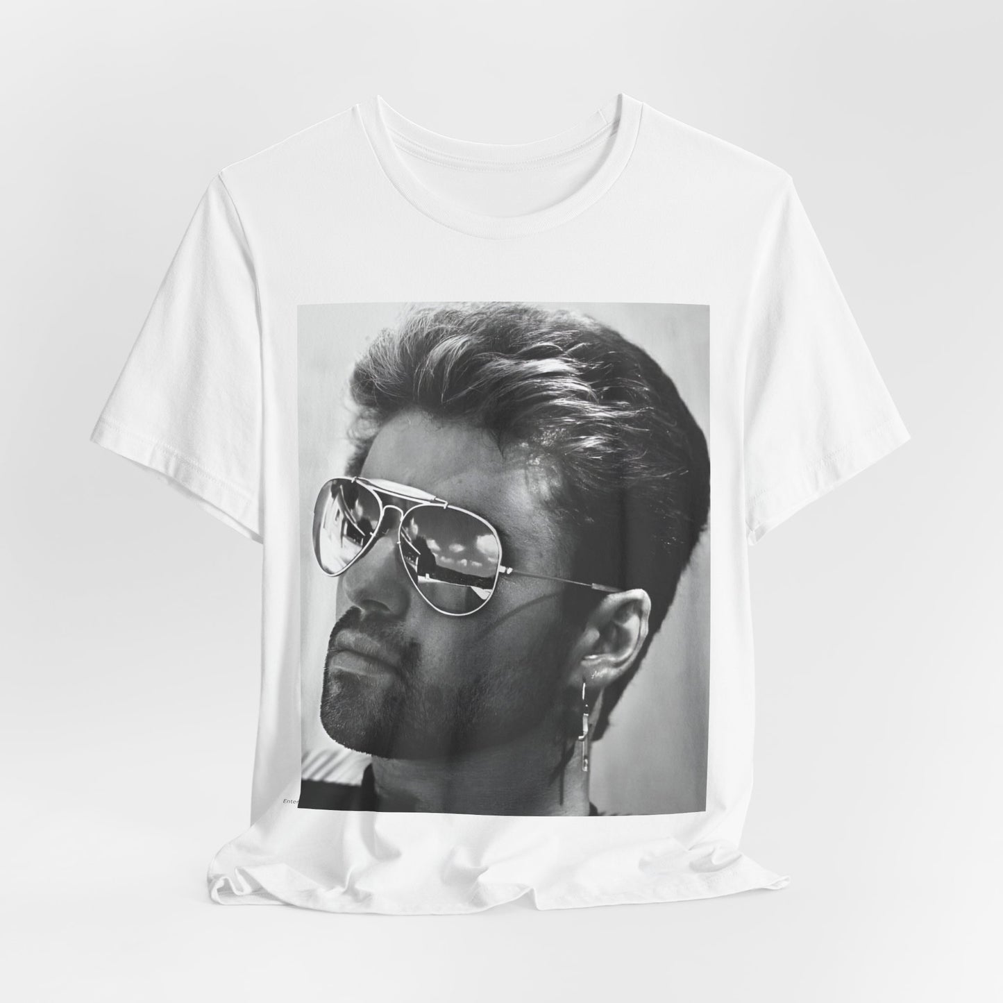 A black graphic t-shirt featuring a photo of George Michael wearing iconic sunglasses.