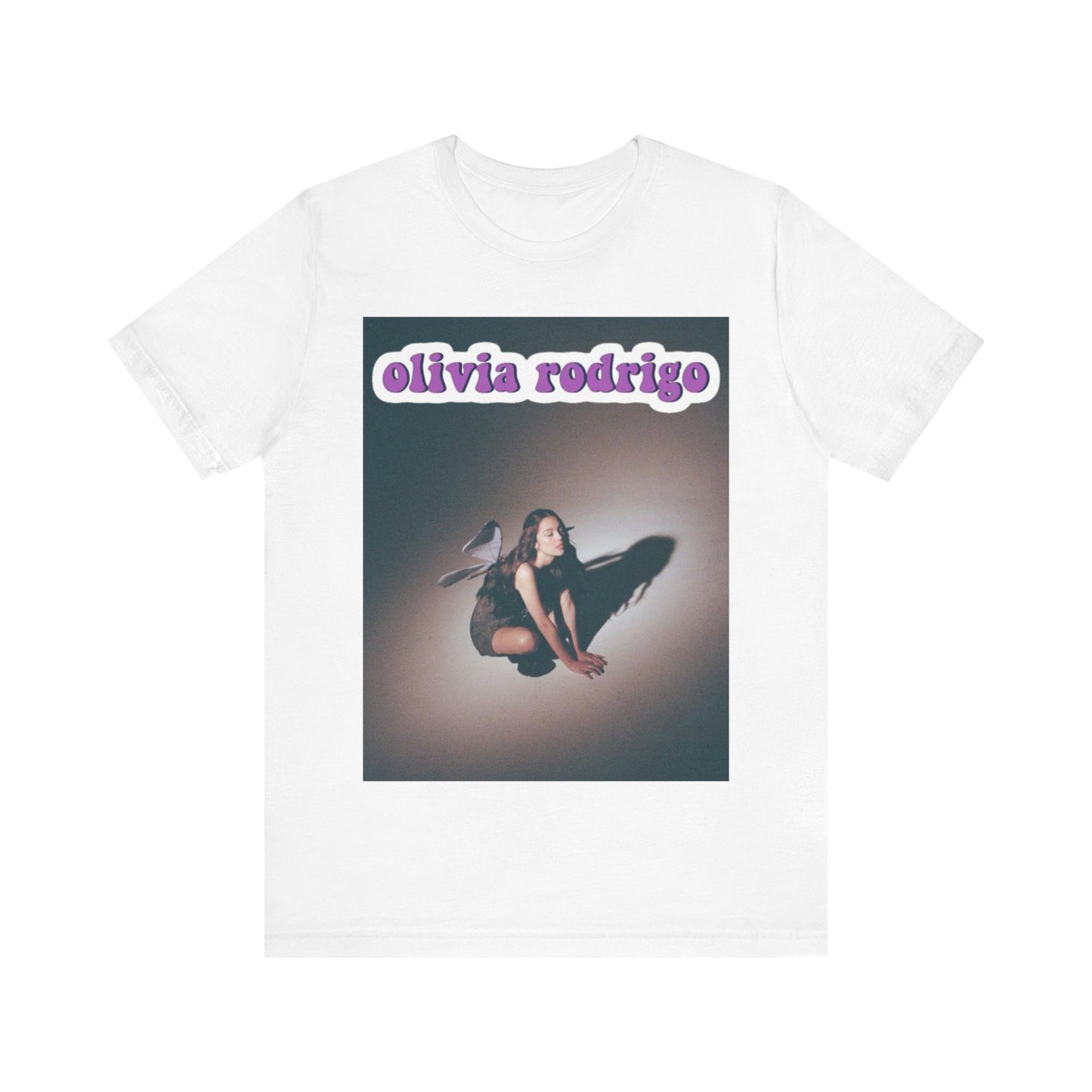 A black graphic t-shirt featuring a cool indie pop princess graphic of Olivia Rodrigo.