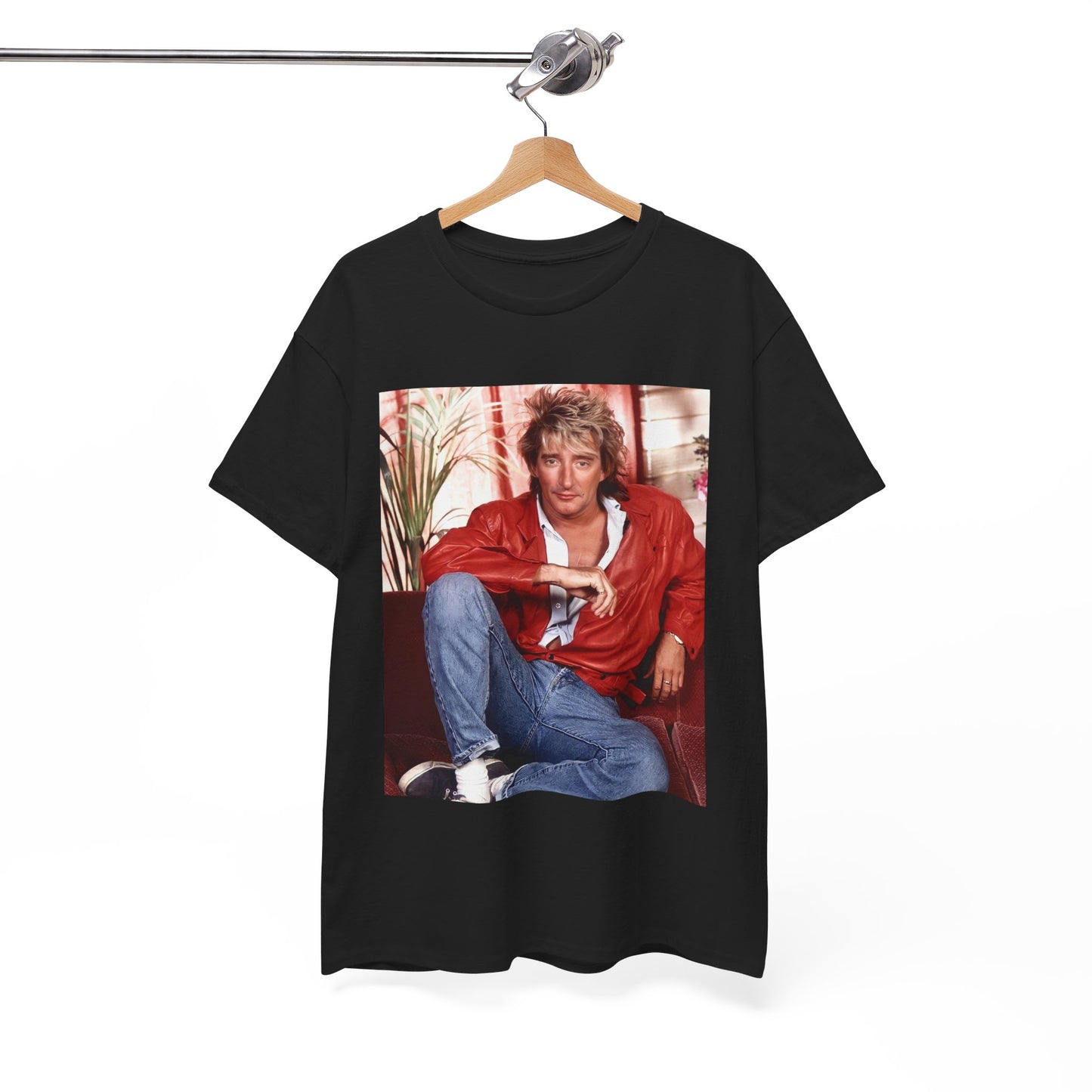 A black graphic t-shirt featuring an 80s global phenomenon graphic of Rod Stewart.