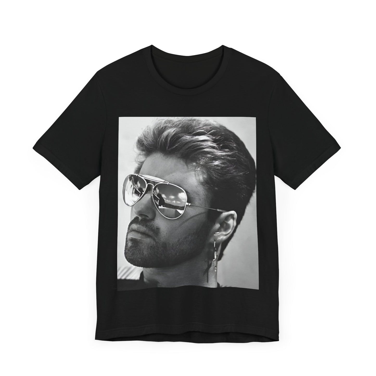 A black graphic t-shirt featuring a photo of George Michael wearing iconic sunglasses.