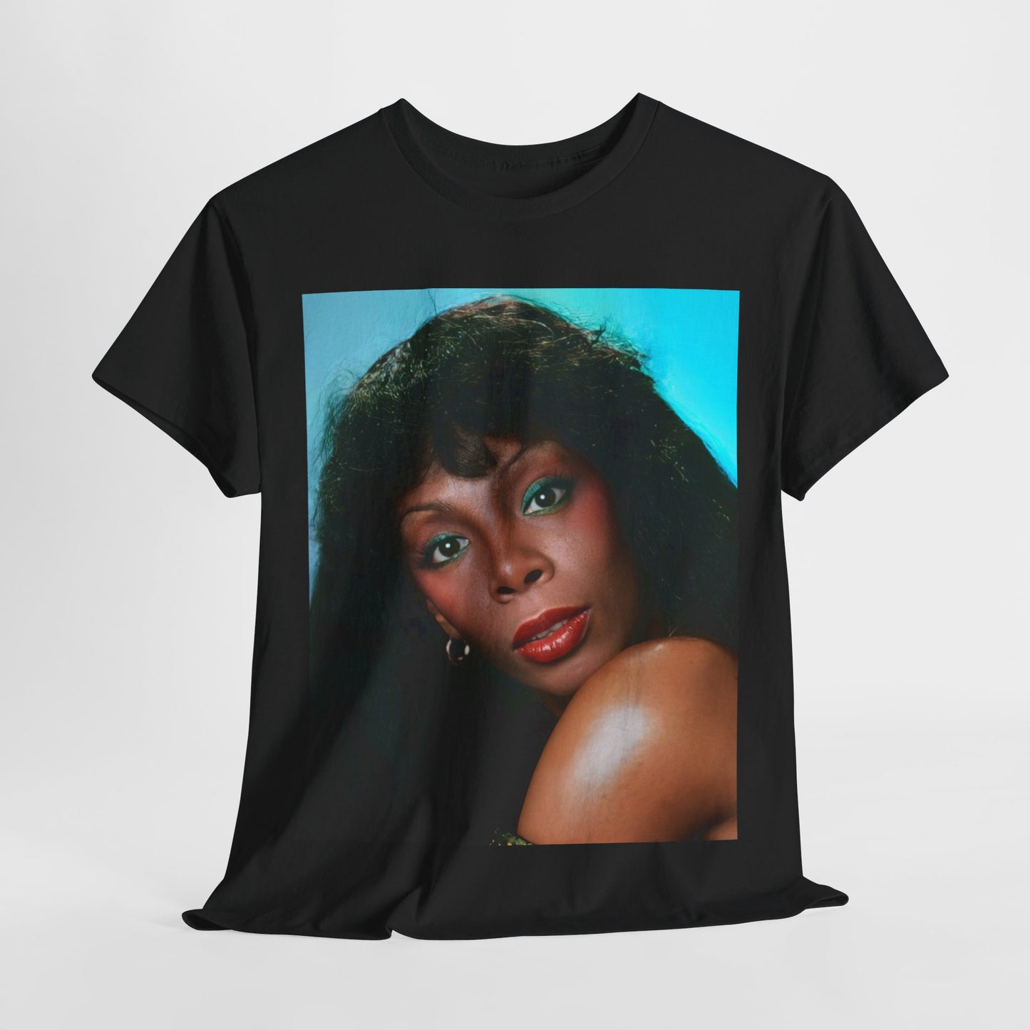 A black graphic t-shirt featuring a graphic related to Donna Summer's 'Last Dance' song or era.