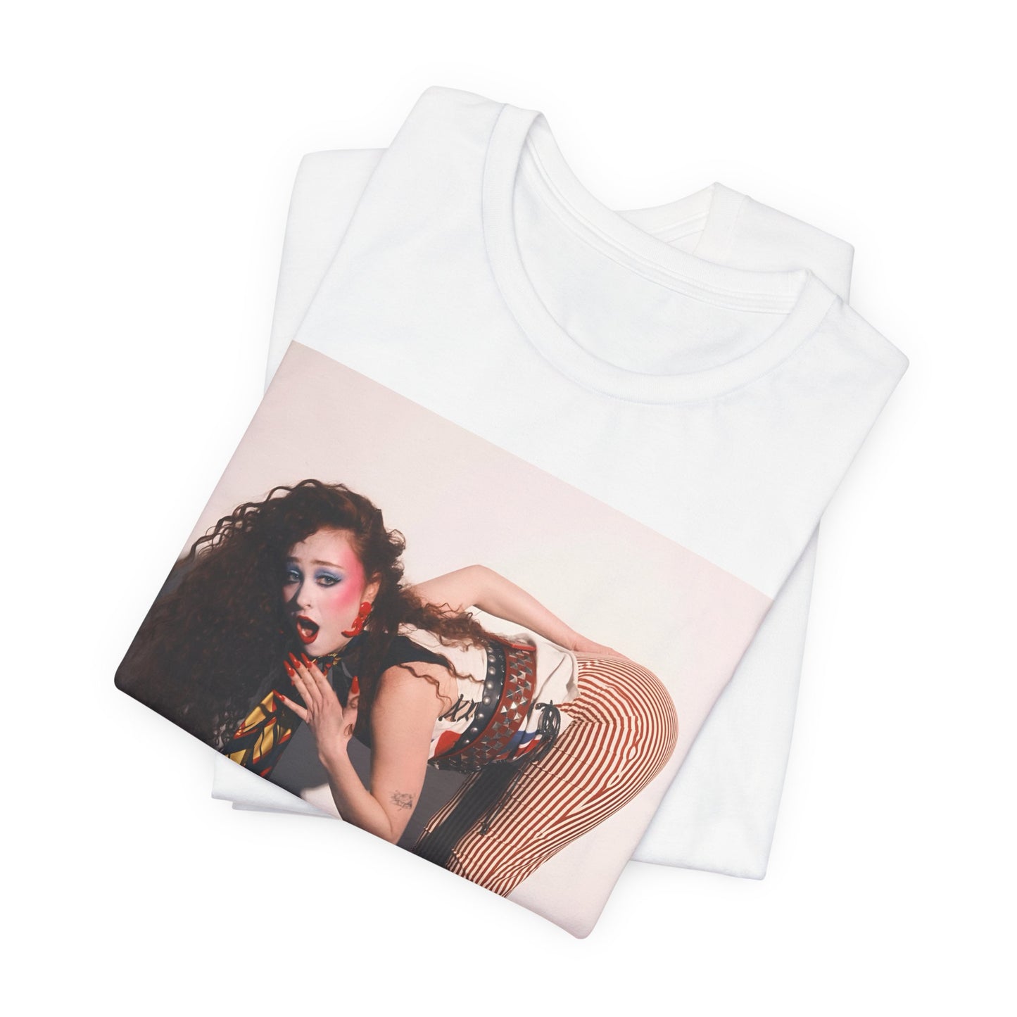 A black graphic t-shirt featuring a graphic of Chappell Roan with a 'Hot to Go!' theme, emphasizing her drag icon persona.
