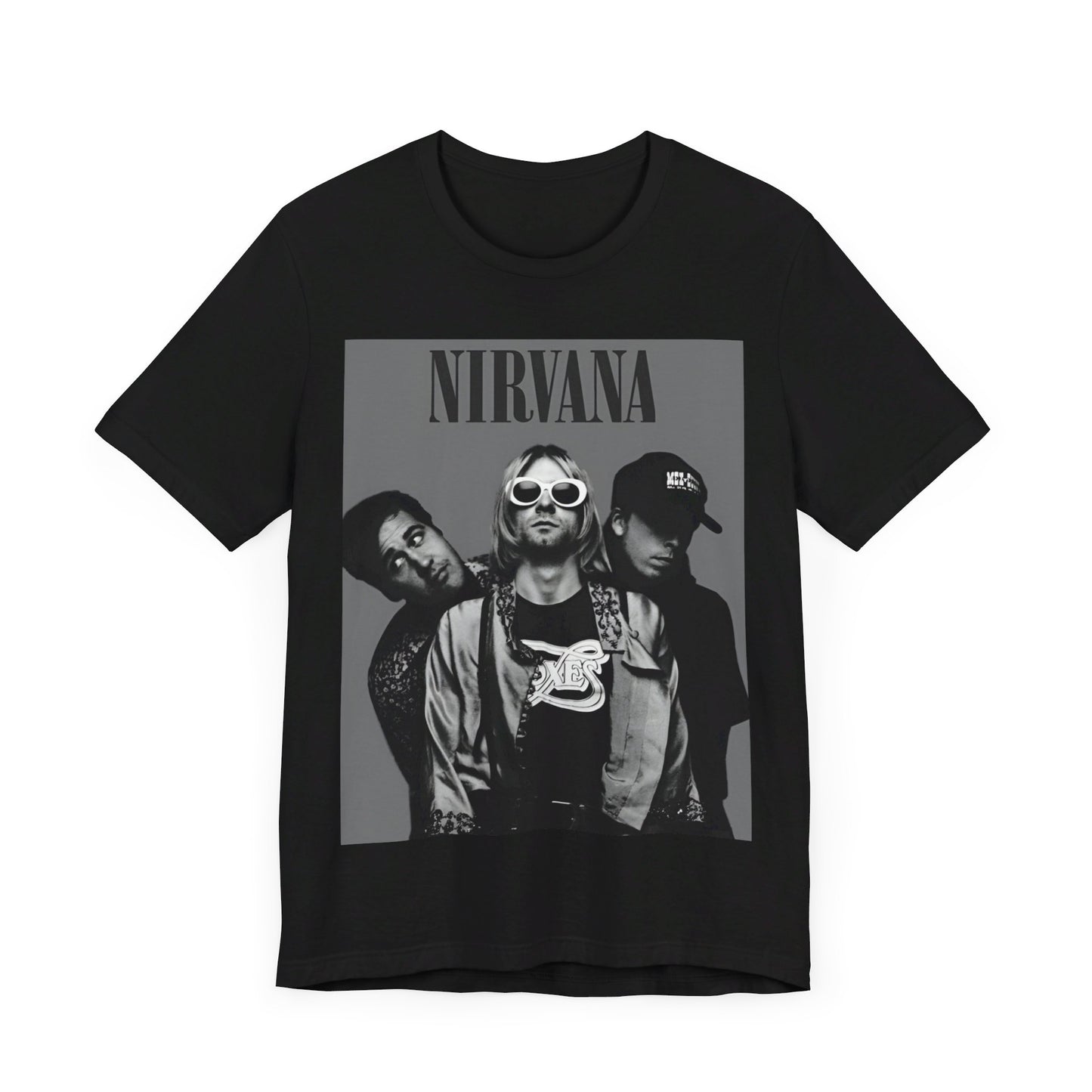 A black graphic t-shirt featuring a black and white, monochrome graphic or photo of Nirvana.