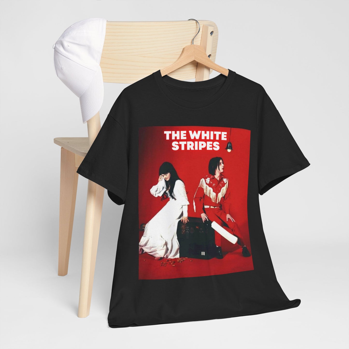 A black graphic t-shirt featuring an edgy rock and roll graphic of The White Stripes.