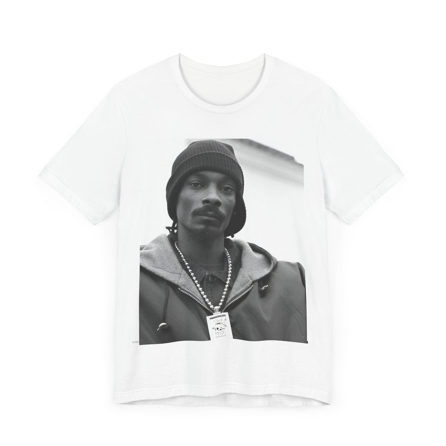 A black graphic t-shirt featuring a black and white, monochrome graphic of Snoop Dogg with an OG cool vibe.
