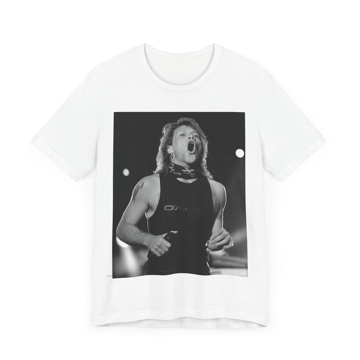 A black graphic t-shirt featuring a black and white iconic graphic or photo of Bon Jovi as superstars.