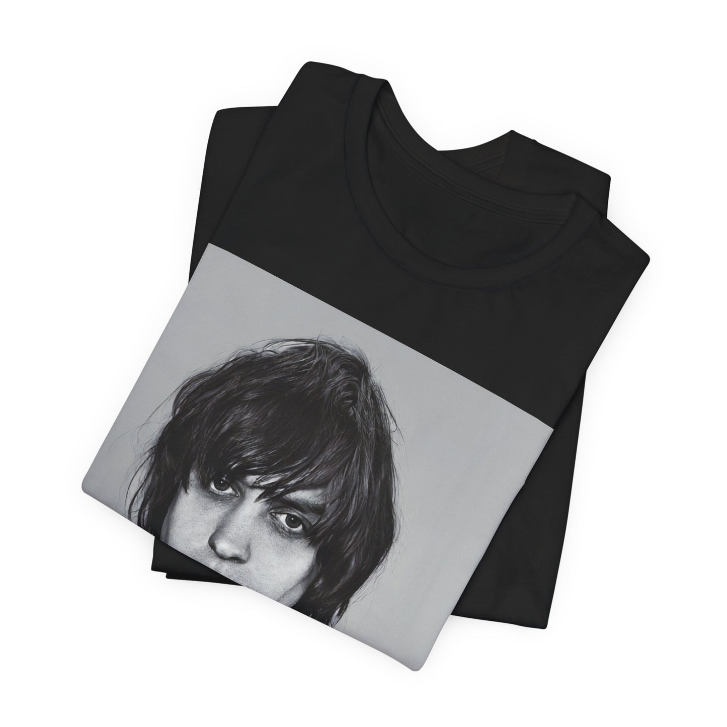 A black graphic t-shirt featuring a portrait photo of Julian Casablancas from The Strokes.