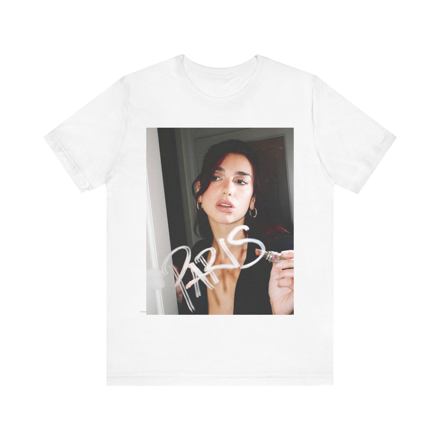 A black graphic t-shirt featuring a graphic of Dua Lipa, possibly with Parisian elements or a 'Paris' theme.