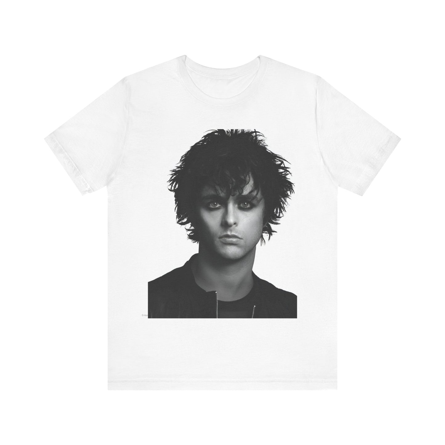 A black graphic t-shirt featuring a black and white portrait photo of Billie Joe Armstrong from Green Day.