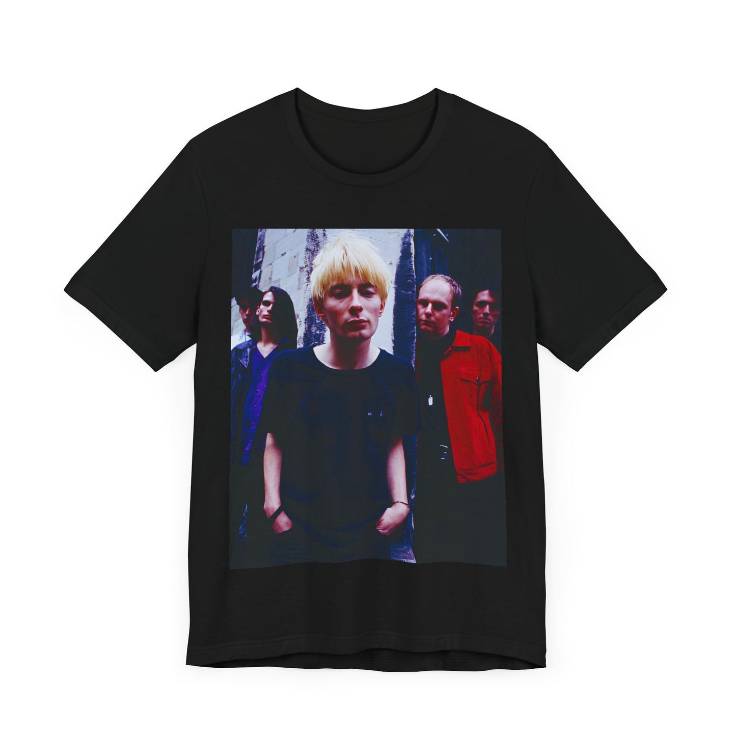 A black graphic t-shirt featuring a graphic of Radiohead as unapologetic art rock icons.