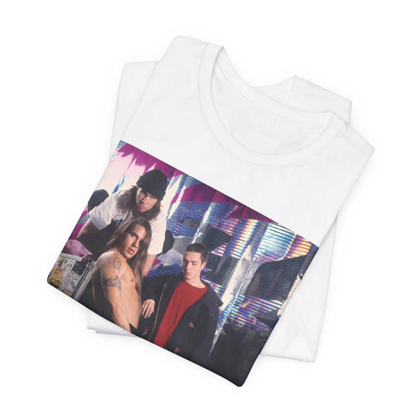 A black graphic t-shirt featuring a 90s alt-rock aesthetic graphic of Red Hot Chili Peppers.