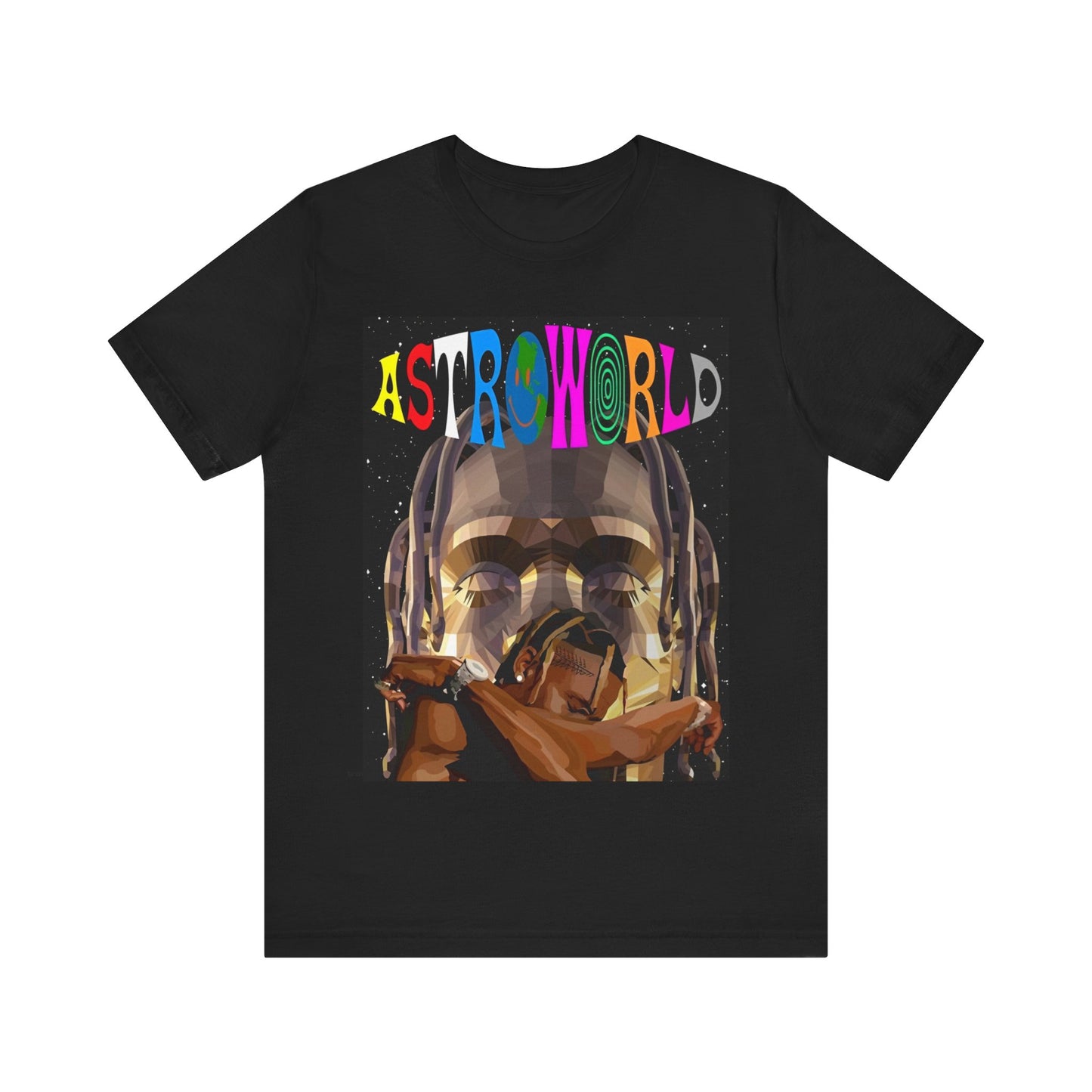 A black graphic t-shirt featuring a graphic related to Travis Scott's Astroworld album era.