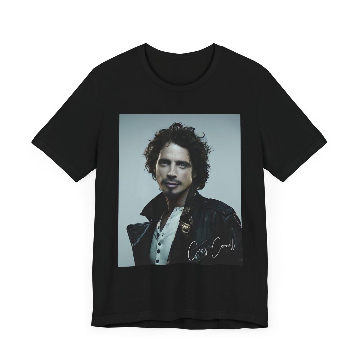 A black graphic t-shirt featuring a graphic related to Chris Cornell's song 'Like a Stone'.