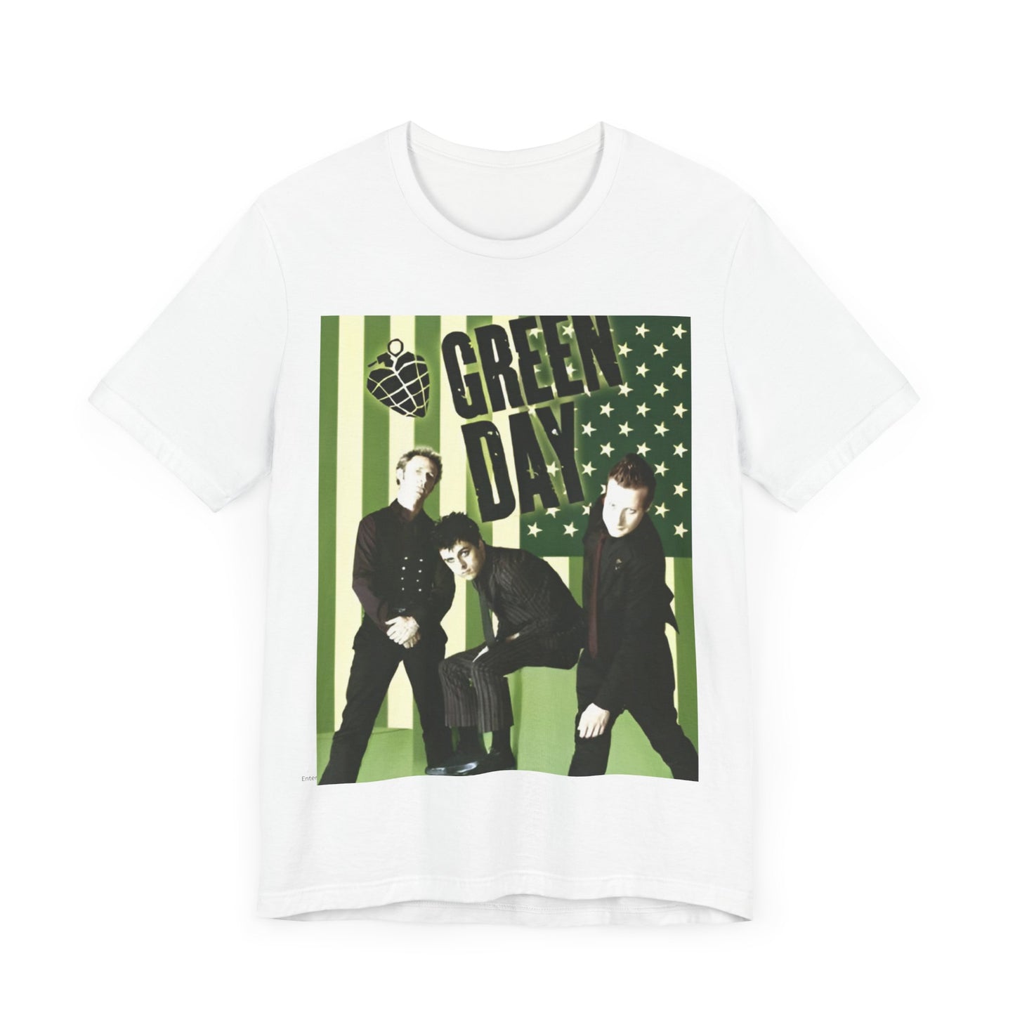 A black graphic t-shirt featuring a graphic related to Green Day's 'American Idiot' album era.
