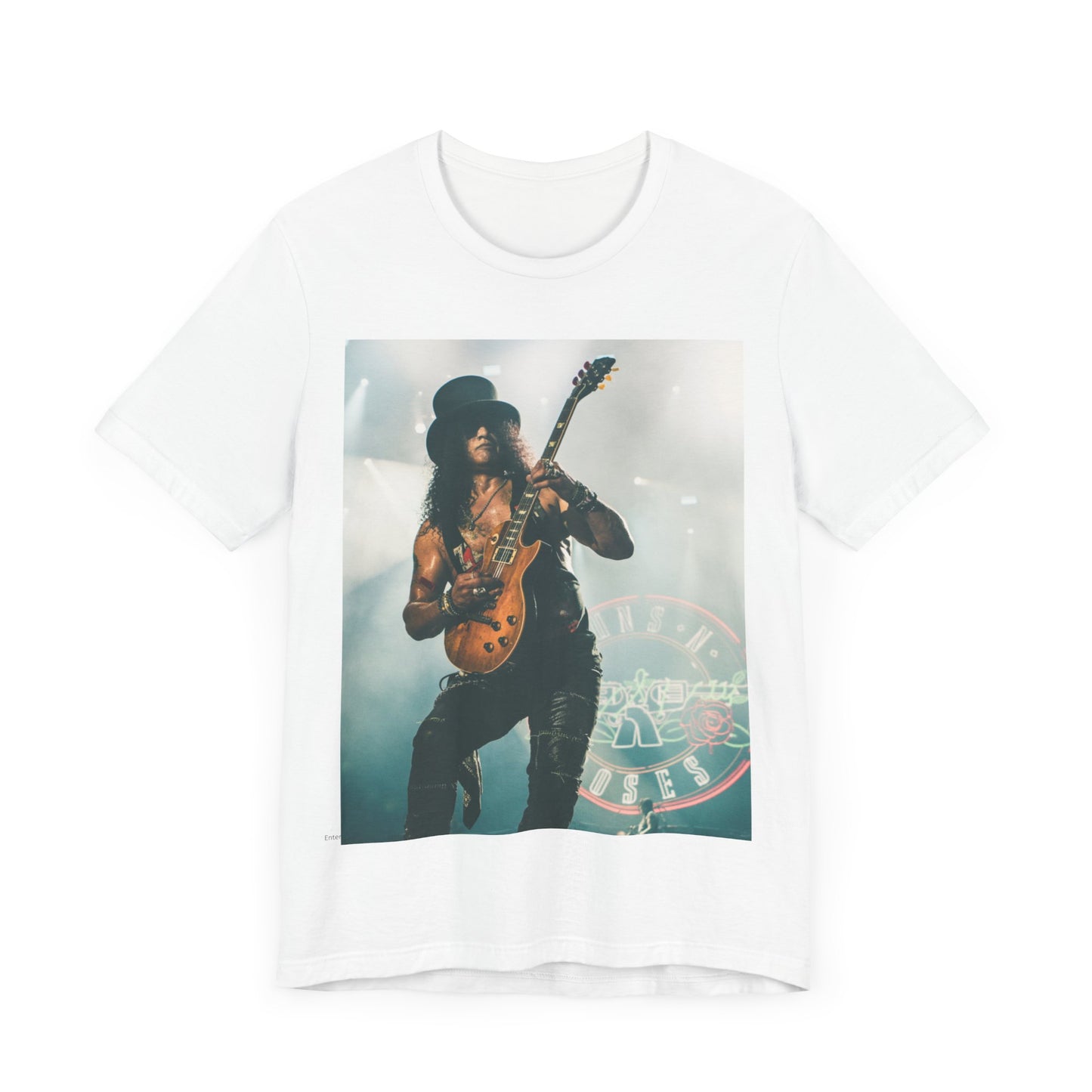 A black graphic t-shirt featuring a graphic of Slash from Guns N' Roses with his iconic top hat and guitar.