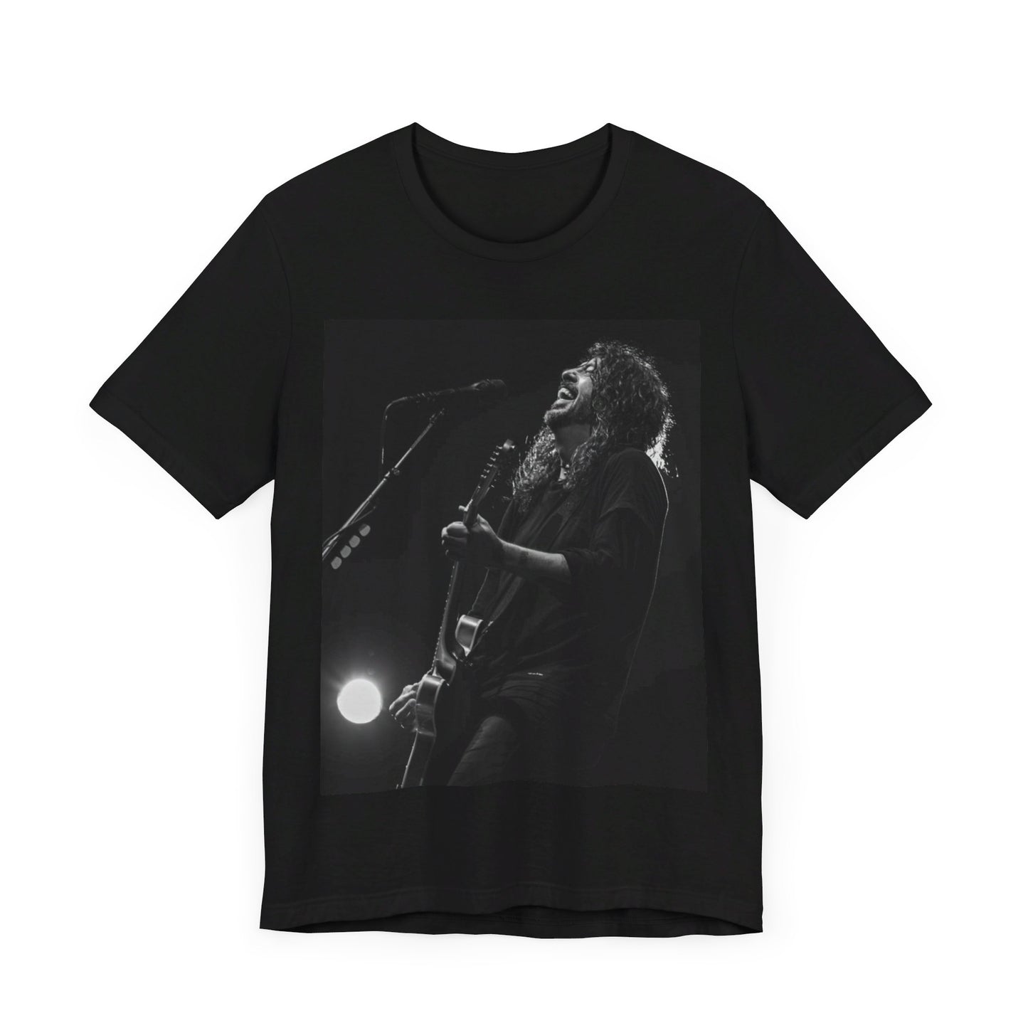 A black graphic t-shirt featuring a graphic of Dave Grohl from Foo Fighters as a rock legend.