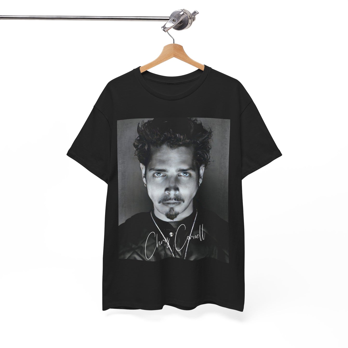 A black graphic t-shirt featuring a retro graphic inspired by Soundgarden's 'Black Hole Sun' and Chris Cornell.