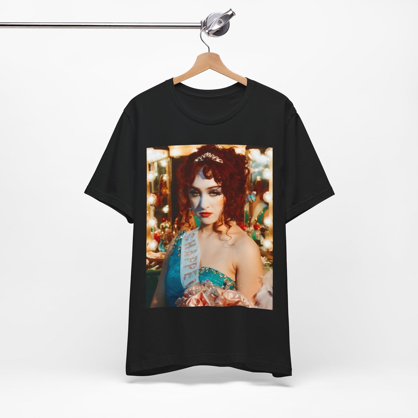 A black graphic t-shirt featuring a graphic of Chappell Roan in a bold stage costume.