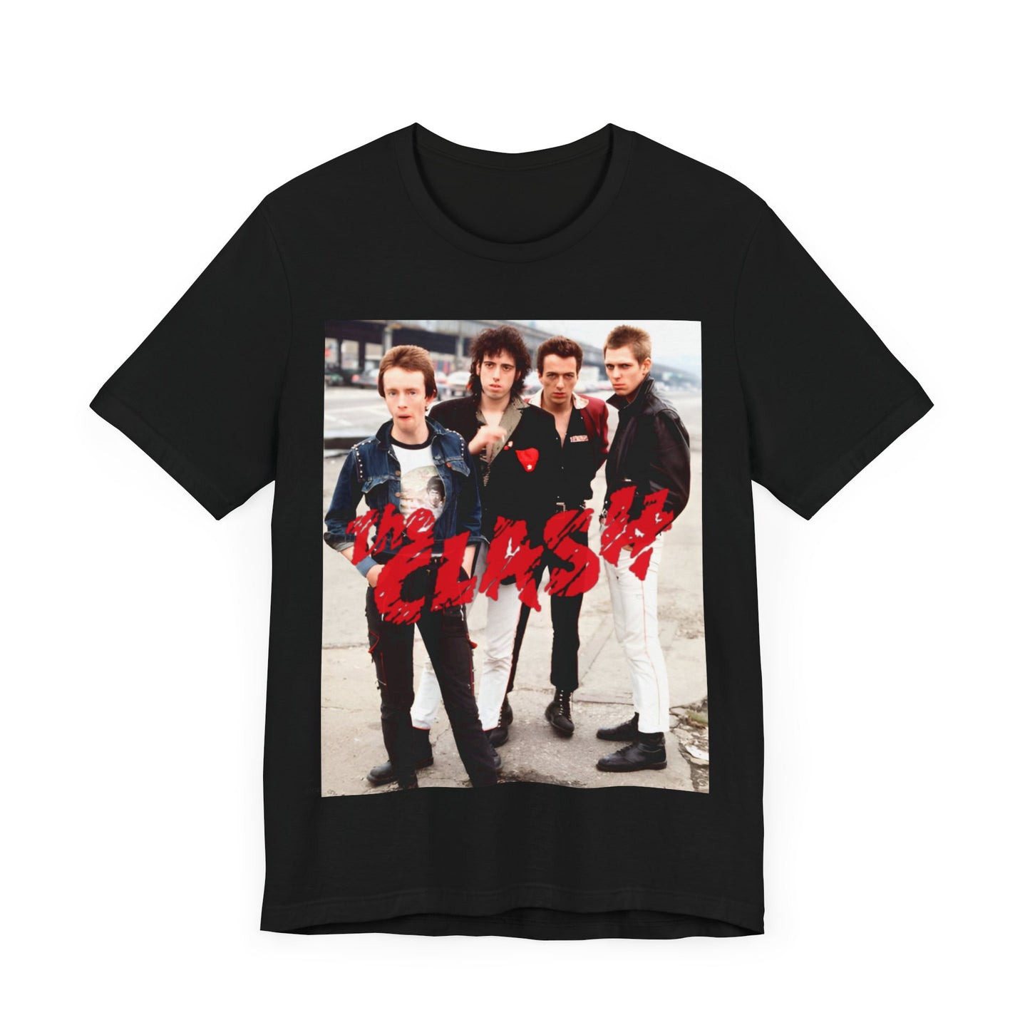 A black graphic t-shirt featuring a graphic of The Clash with an everyday punk style aesthetic.