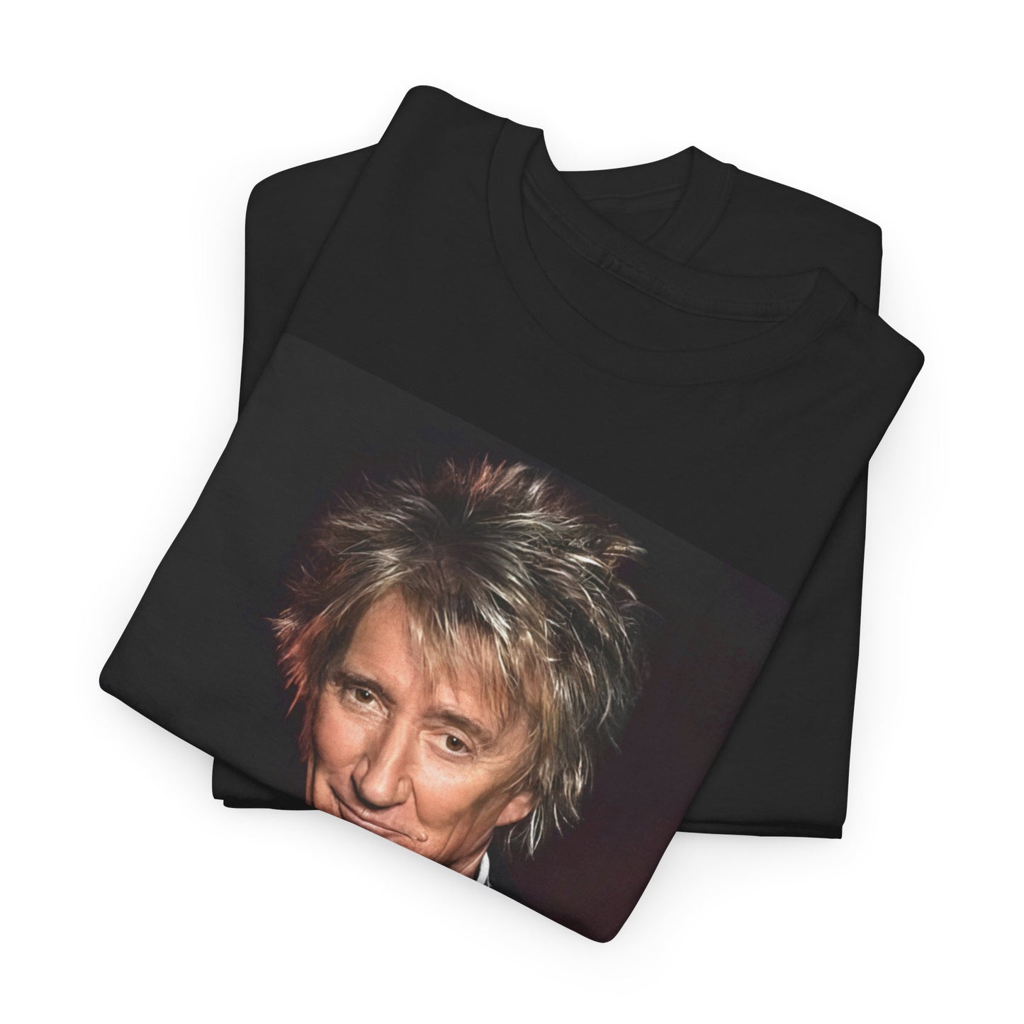 A black graphic t-shirt featuring a 90s portrait photo of Rod Stewart.