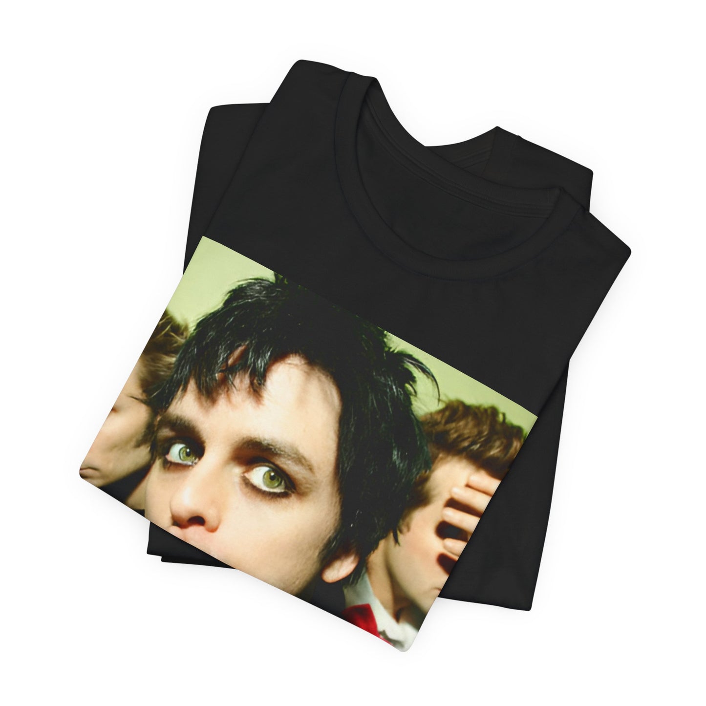 A black graphic t-shirt featuring a vintage punk rock graphic of Green Day.