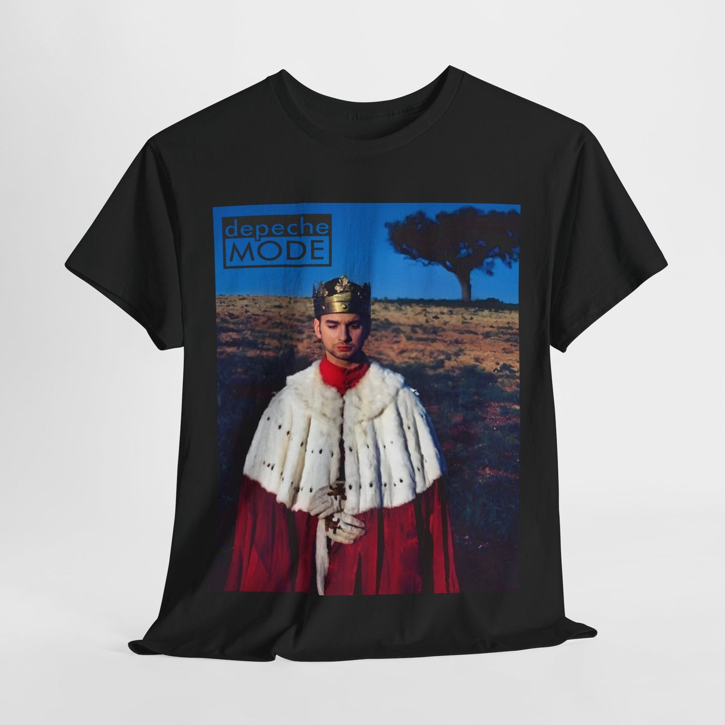 A black graphic t-shirt featuring a retro graphic related to Depeche Mode's 'Enjoy The Silence' from 1990.