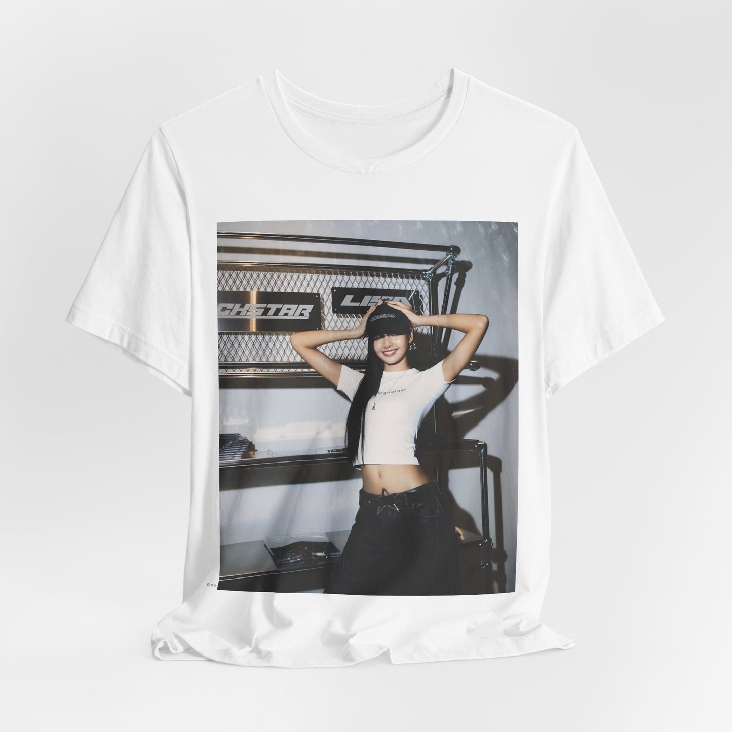 A black graphic t-shirt featuring a graphic of Lisa as a street K-Pop style queen.