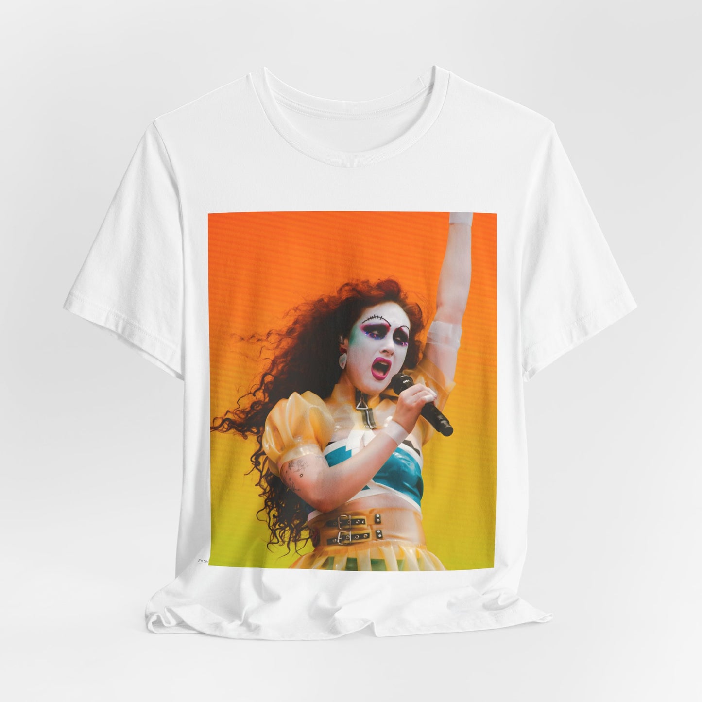 A black graphic t-shirt featuring a graphic of Chappell Roan, designed with a future pop aesthetic.