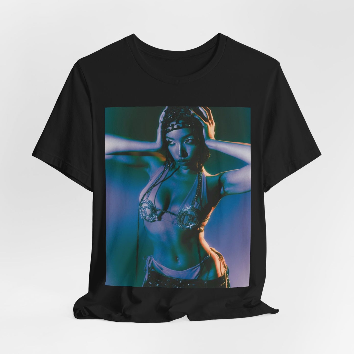 A black graphic t-shirt featuring a graphic of Tinashe as a choreography queen.