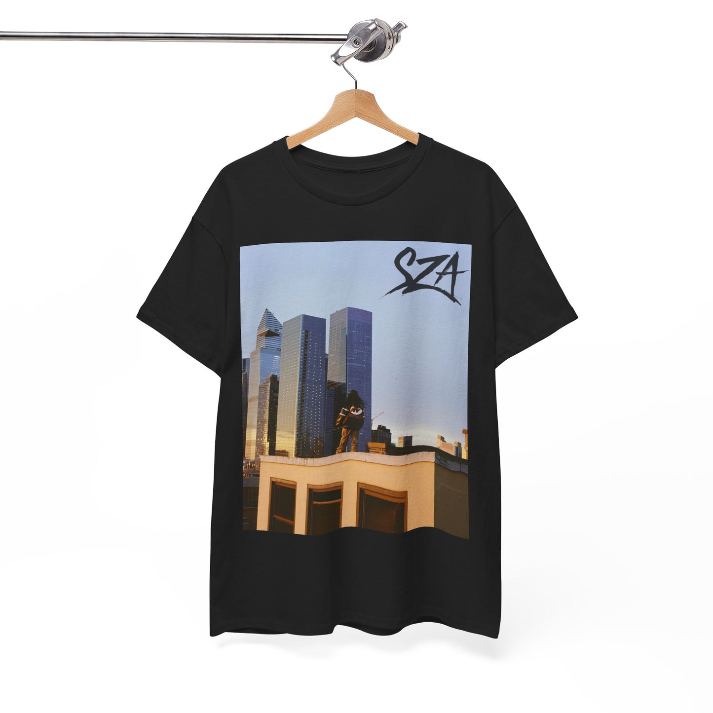 A black graphic t-shirt featuring a modern R&B essential graphic of SZA.