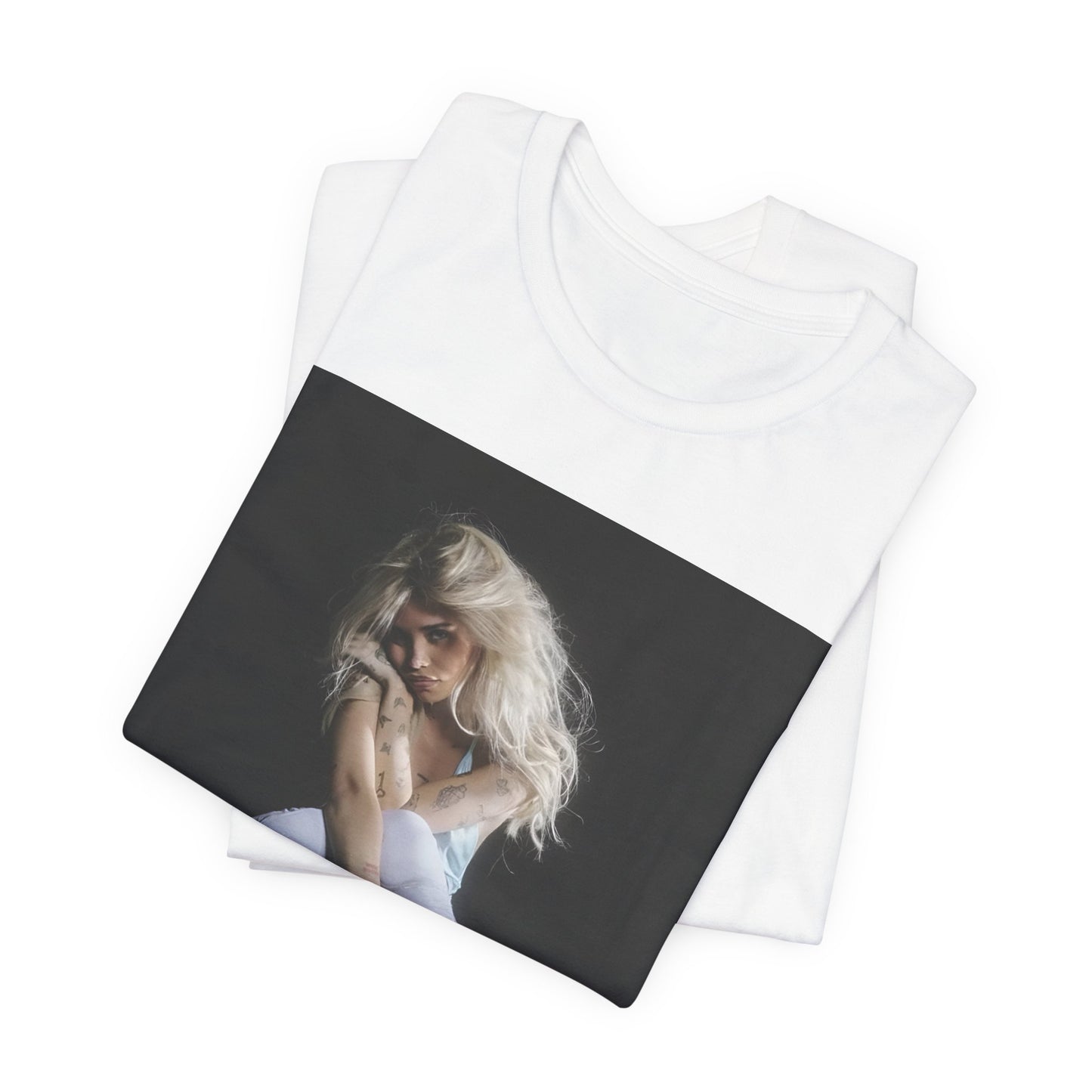 A black graphic t-shirt featuring a graphic of Nessa Barrett with dark pop vibes aesthetic.