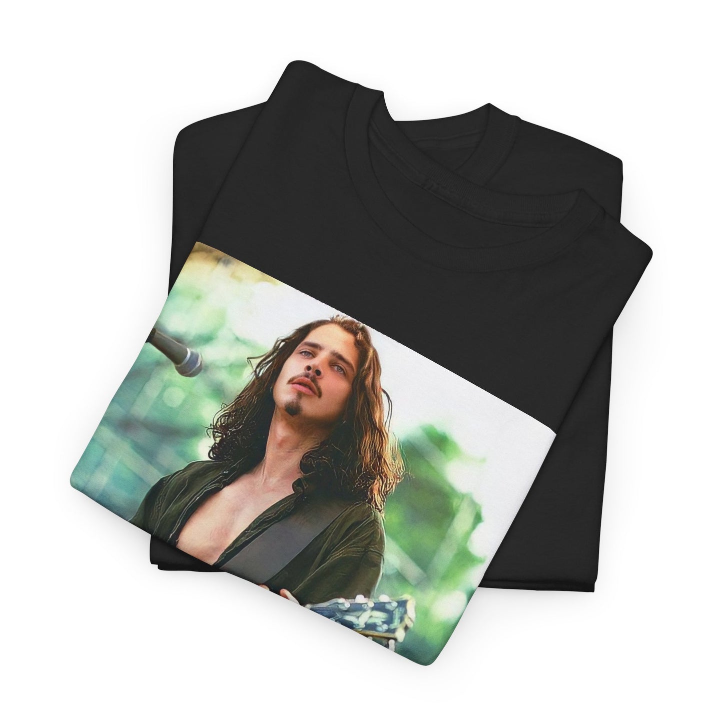 A black graphic t-shirt featuring a retro graphic related to Chris Cornell and the Soundgarden era.