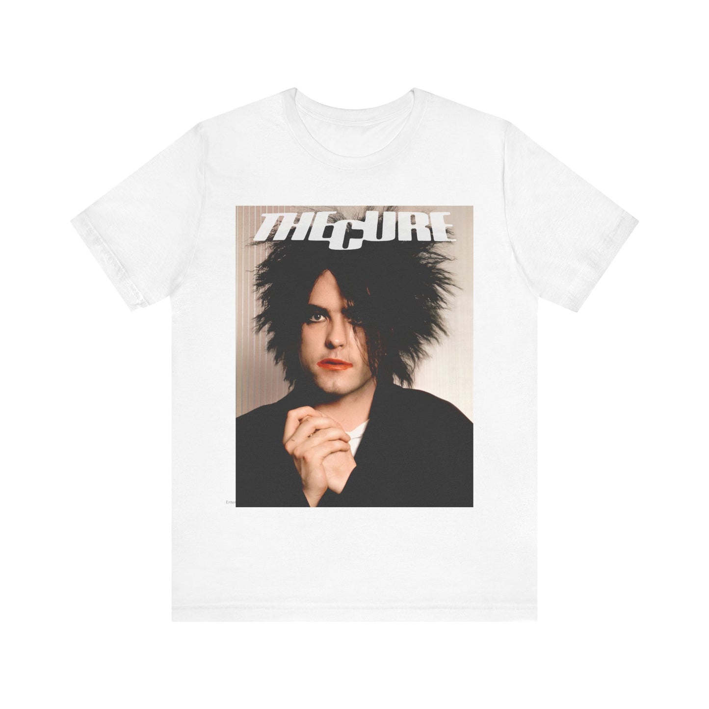 A black graphic t-shirt featuring a 90s portrait photo of Robert Smith from The Cure.